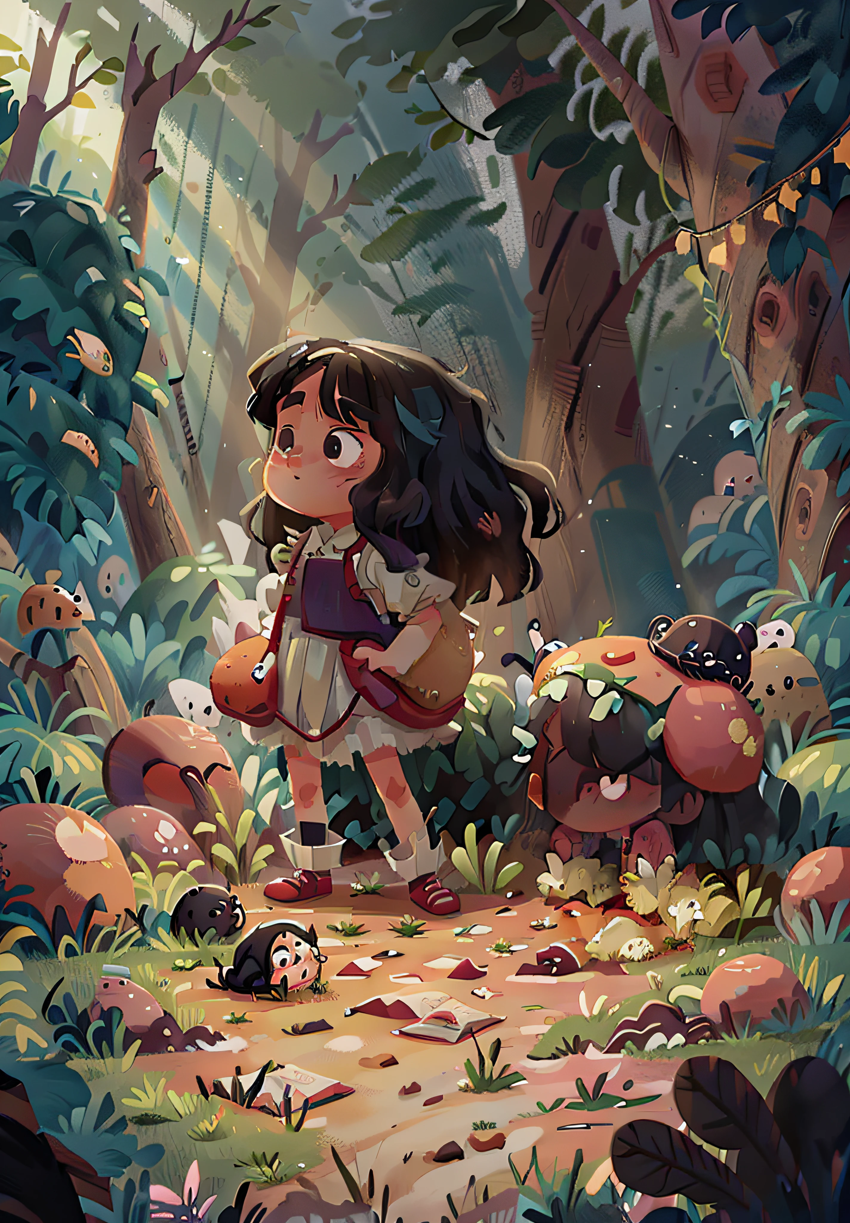 One in a white dress,Little girl with long black hair,Holding a pillow in his hand,She walked alone in the forest,A look of fear leaked from his face。