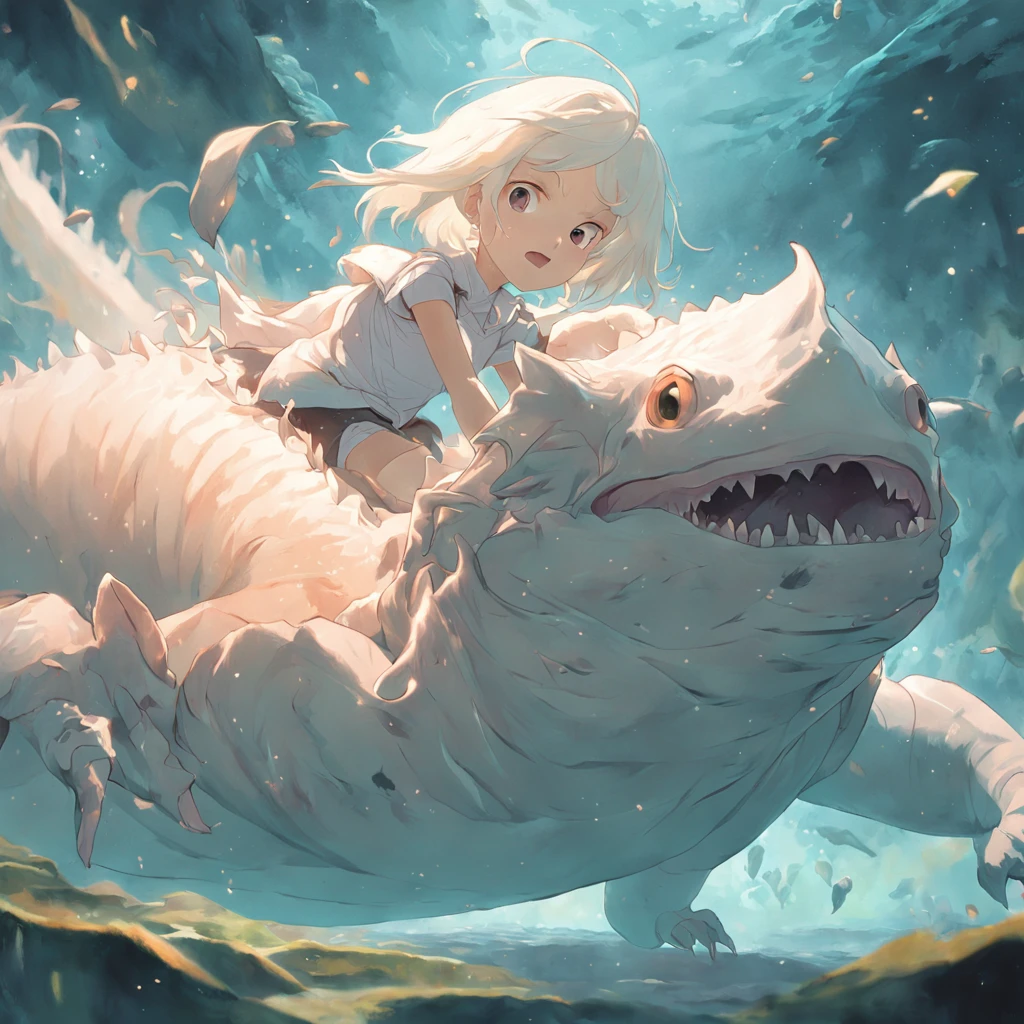 (absurdres, highres, ultra detailed), a albino woman, riding a enormous massive prehistoric Ambystoma mexicanum, underwater