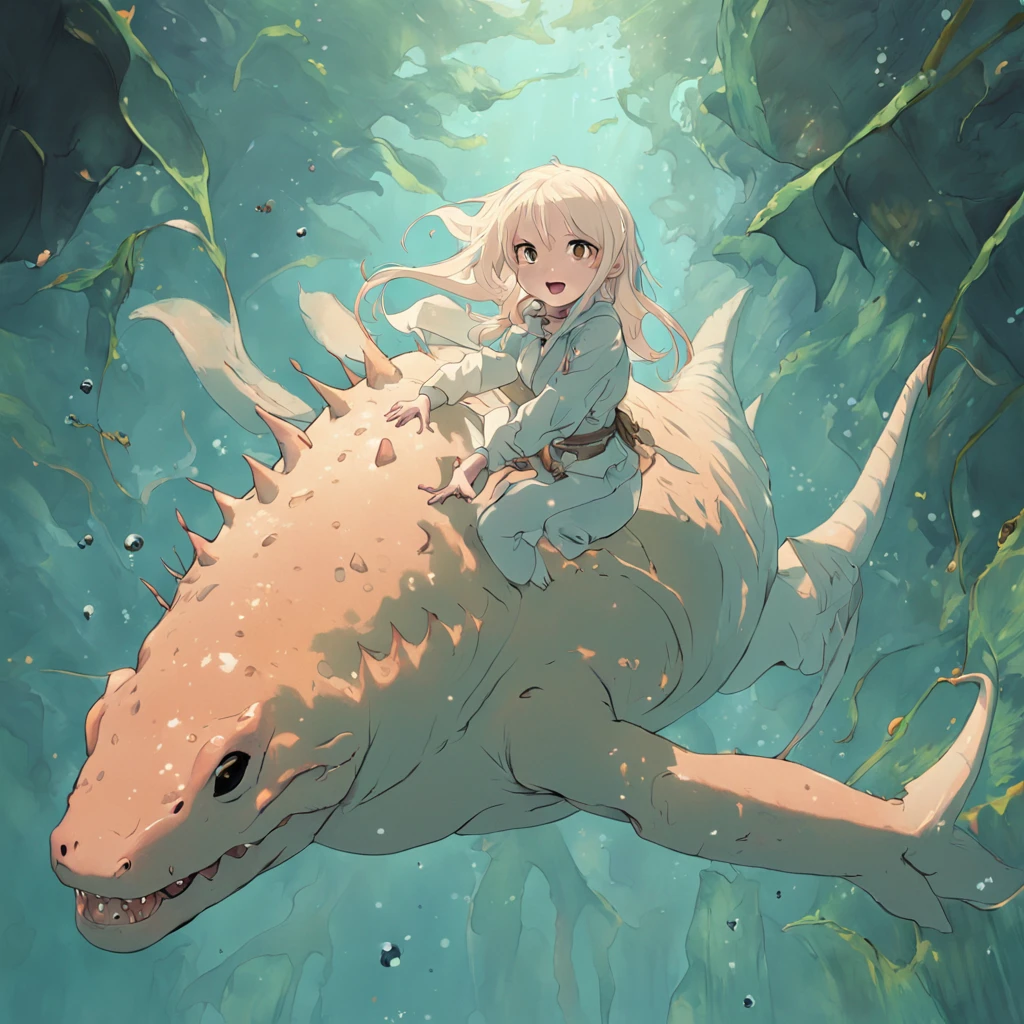 (absurdres, highres, ultra detailed), a albino woman, riding a enormous massive prehistoric Ambystoma mexicanum, underwater