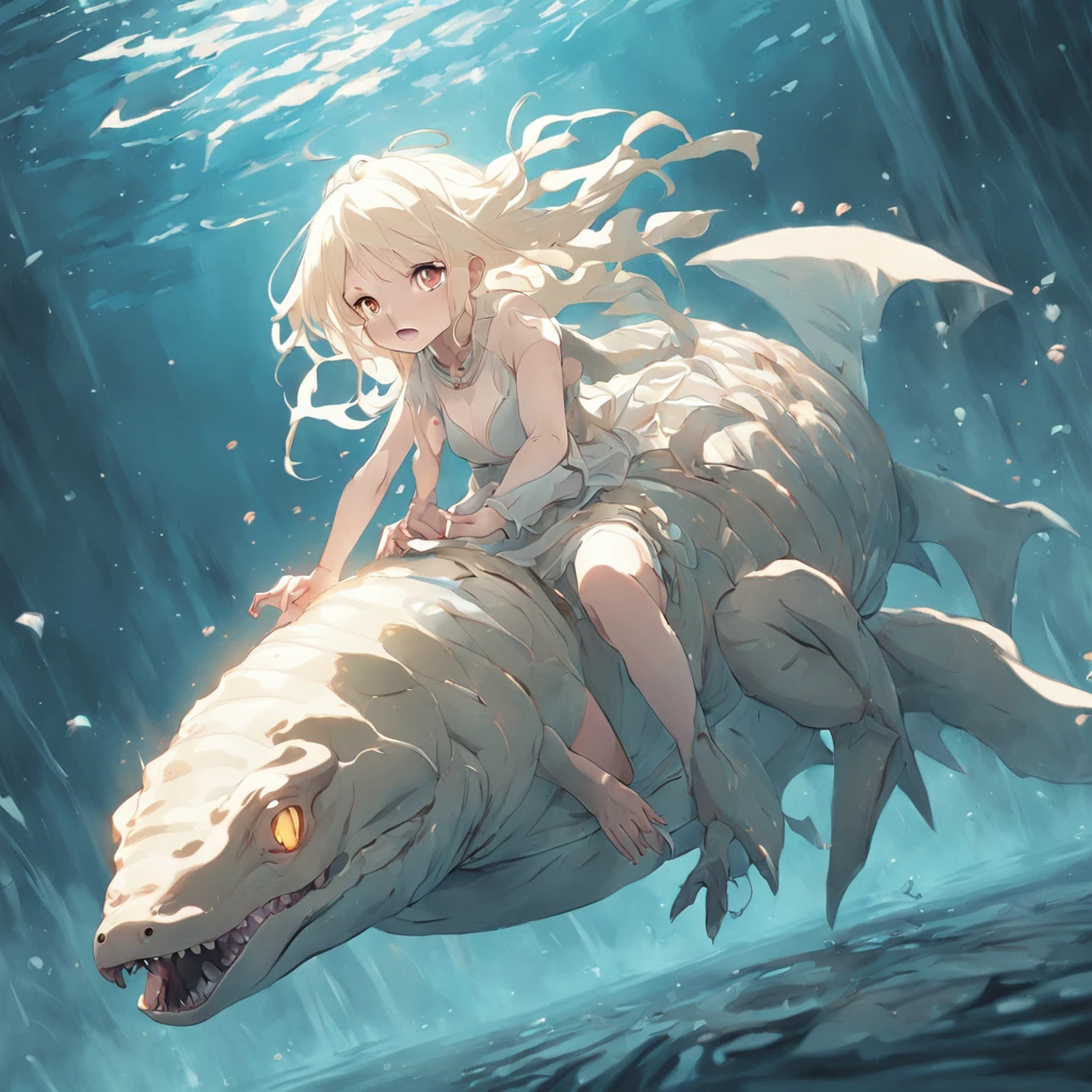 (absurdres, highres, ultra detailed), a albino woman, riding a enormous massive prehistoric Ambystoma mexicanum, underwater