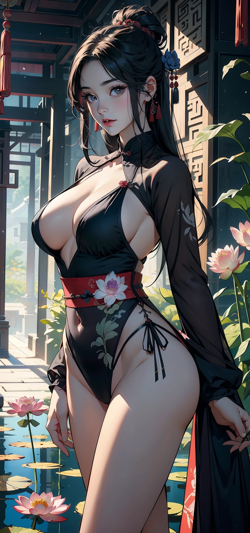 chinese paintings，Gongbi drawing style，ink，legends，Purple background，deep Purple，Dark tones，Pink big breasts，lotuses，foreground，lotus flower，Green bamboo vista，（snow landscape），（（Ancient Chinese red transparent Hanfu beauty standing in a sea of flowers smiling）），Melon seed face，Willow eyebrows，Cherry small mouth，（Black eyes），Gentle atmosphere，closeup cleavage，Perfect facial features，（The hair is meticulously depicted），（The face is carefully depicted），Works of masters，（The flowers are carefully depicted），super-fine，high qulity，A high resolution，The composition is perfect，（（tmasterpiece））Bigchest，Big breasts Thin waist，long leges，Buttock augmentation，Raised sexy，，Naked ，Bare breasts，nakeness，Protruding genitals，Camel toes