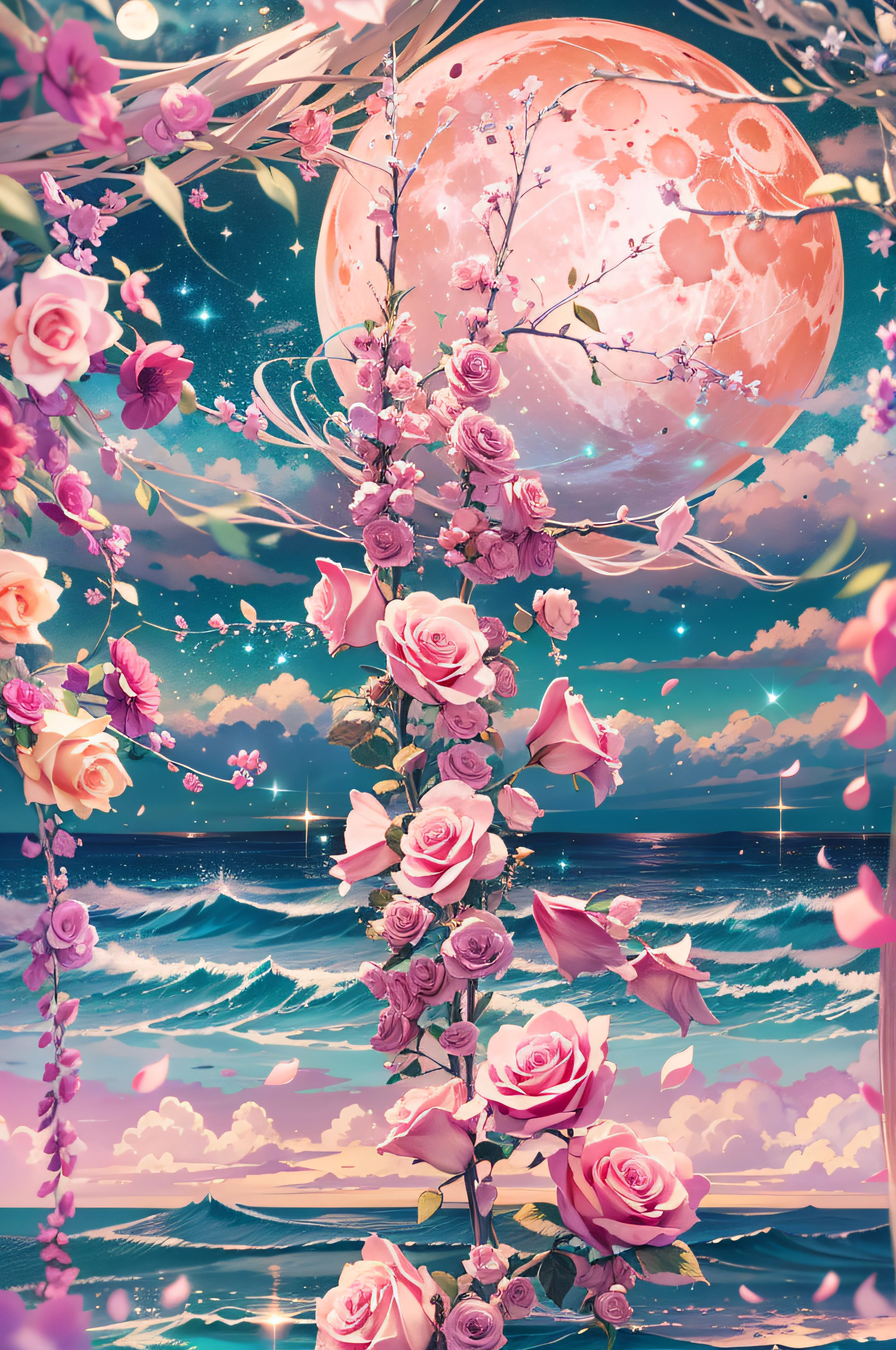 Orange moon, teal sky, soft pink clouds, teal ocean waves sparkling, sparkling, pink roses on pink ocean, fantasy, diamond, crown, universe, soft lights,