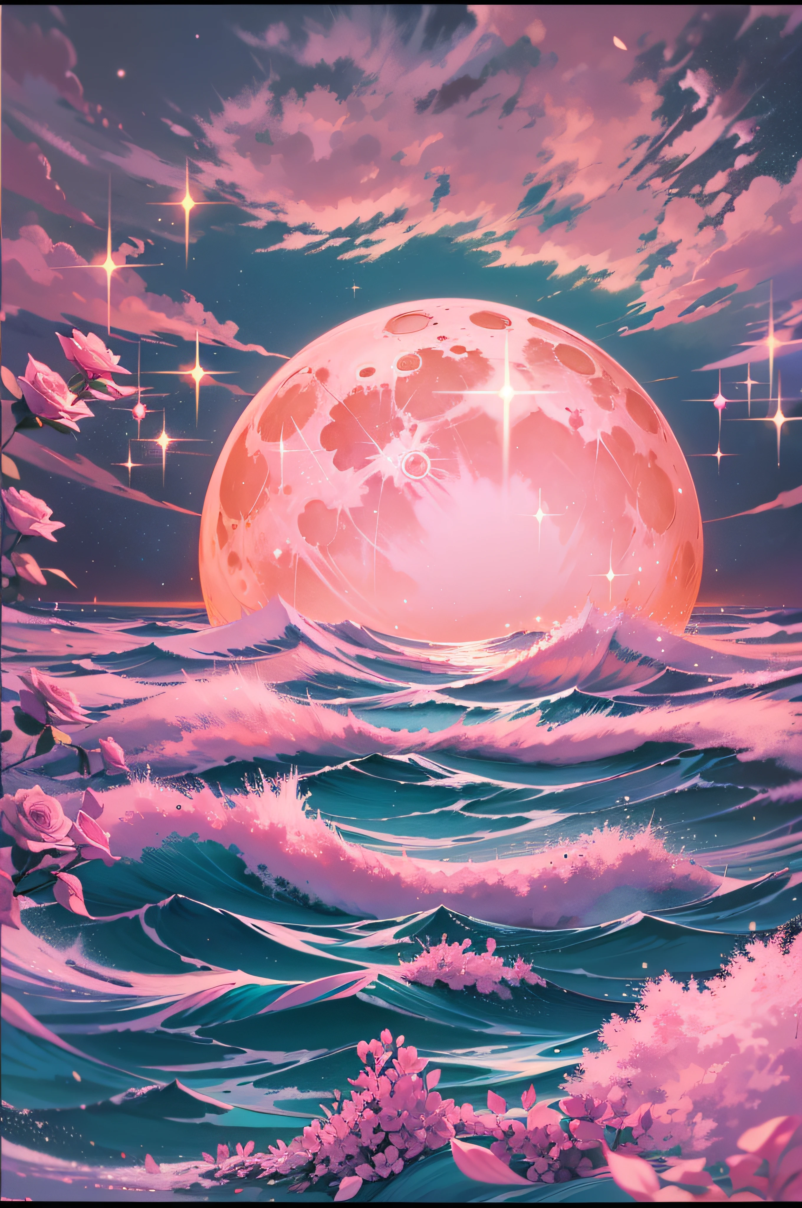 Orange moon, teal sky, soft pink clouds, teal ocean waves sparkling, sparkling, pink roses on pink ocean, fantasy, diamond, crown, universe, soft lights,