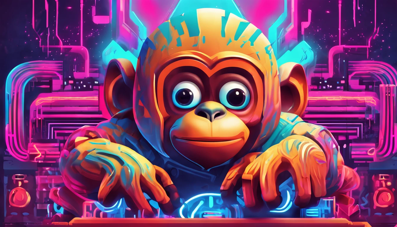 Design a logo featuring a plump monkey programmer for a digital channel, utilizing vibrant, high-resolution colors.