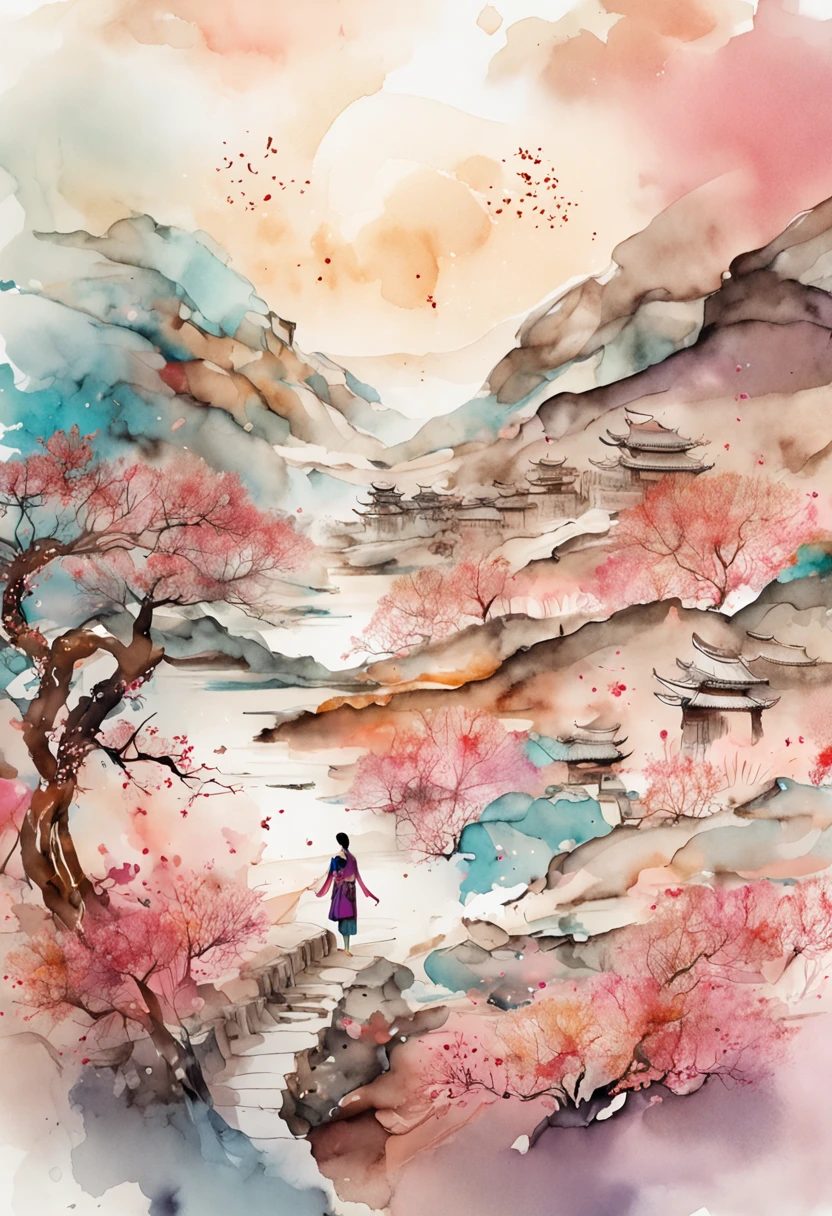 (Alcohol ink:1.5),Dunhuang style, Dancing in the sky, ancient chinese beauti, Silk Hanfu, Tulle ribbon, Beautiful dance moves, Ink painting style, Clean colors, decisive cutting, White space, freehand brushwork, Soft lighting,dreamy glow, ( Bokeh),A bar of chocolate in hand,Highlight chocolate products,Masterpiece, Super detailed, Epic composition, Highest quality, 4K,