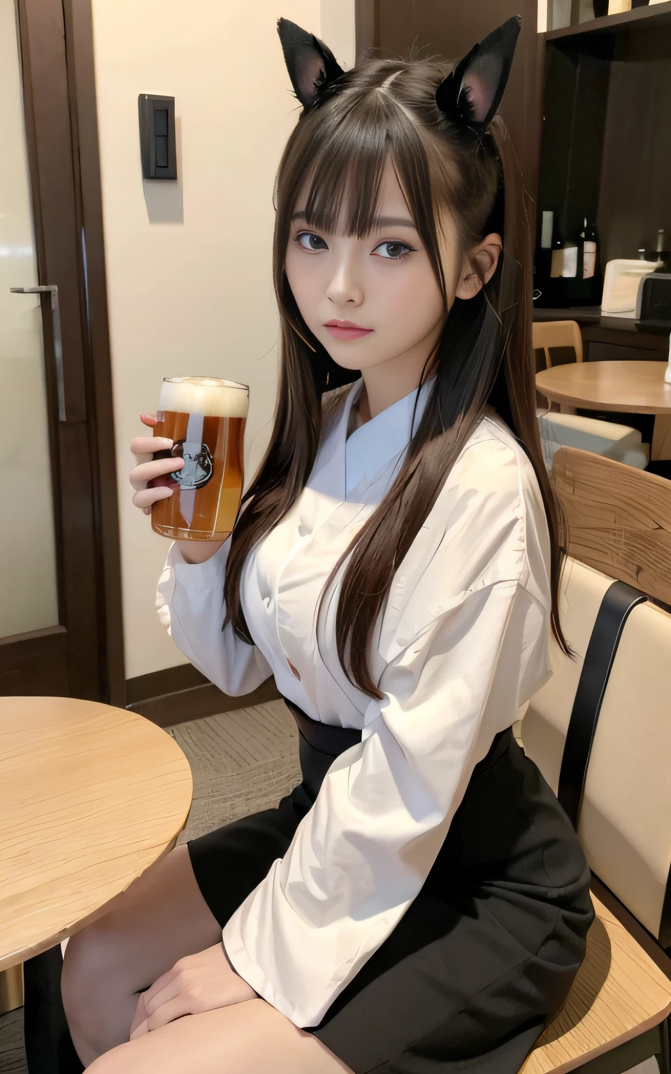 20 years old, girl, top quality, detailed costume, perfect eyes, masterpiece, ultra-detailed top quality, color eyes, big breasts, makeup, pendant, various hairstyles, brown hair, small piercings in the ears, black business suit, white shirt , black tight skirt, drinking beer with cat logo, Japanese style izakaya, sitting on chairs, lots of customers, holding beer mugs, a little dark inside, lots of food and sake cups on the table, smile, sweat