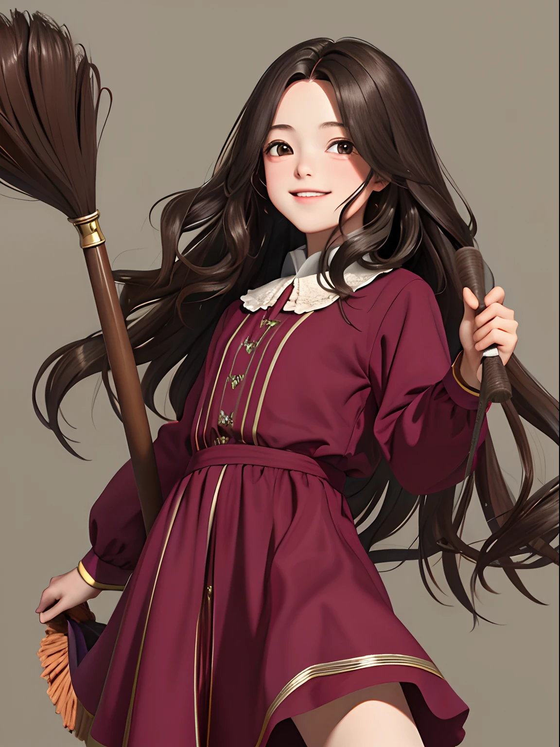 ((masterpiece:1.2), (best quality:1.2), looking at viewer, bare and fair skin,Wizarding world, shimmer reflected on hair, long hair fluttering in the wind, (wavy long hair), hair middle part, energetic , smily, happy , 15 year old eauropen girl, dark brunette hair, Brown eyes, victorian simple dress, gryffindor, red color, active young girl carry a broom.