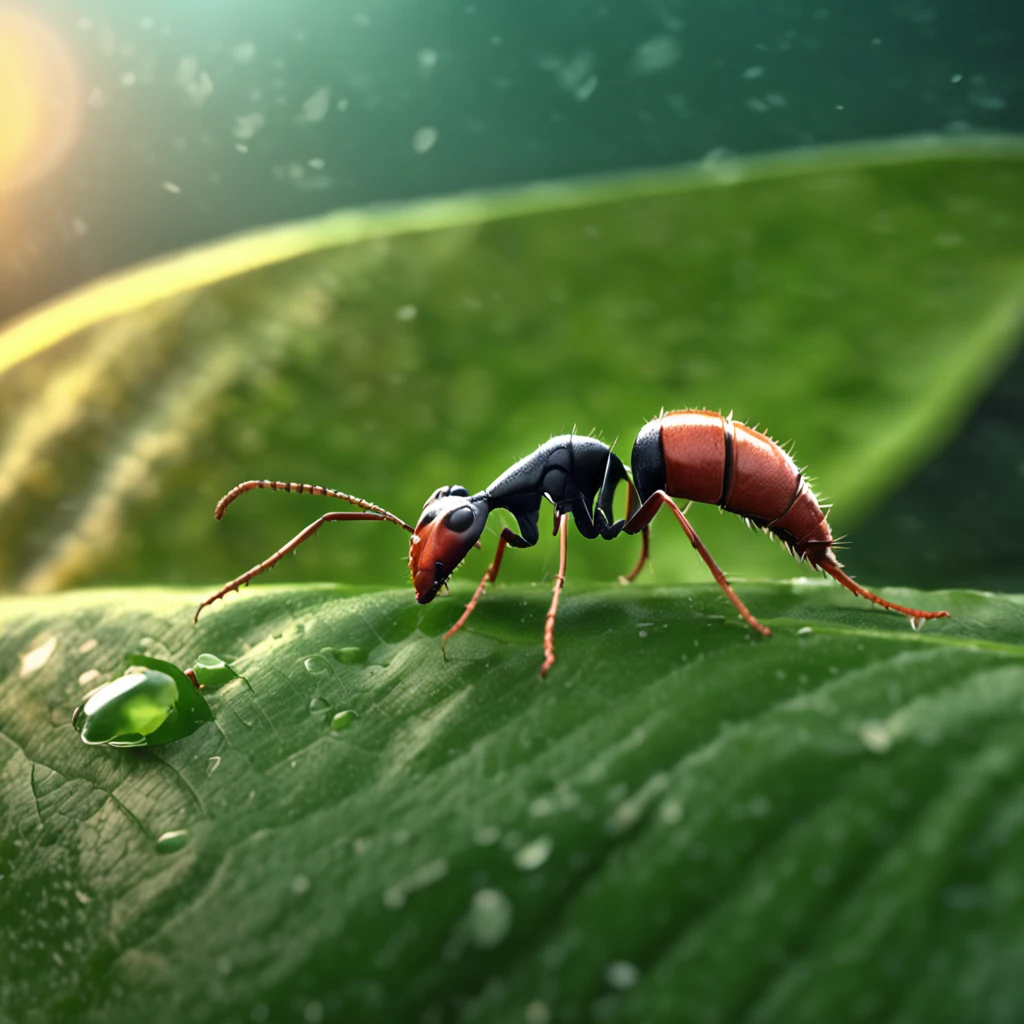 An ant lies diagonally on a leaf,There is a drop of dew on the leaves,during dawn,High-angle lens shooting,photorealistic cinematic render, Cinematic 3D rendering, realistic cgi render, Depicted as a 3D rendering