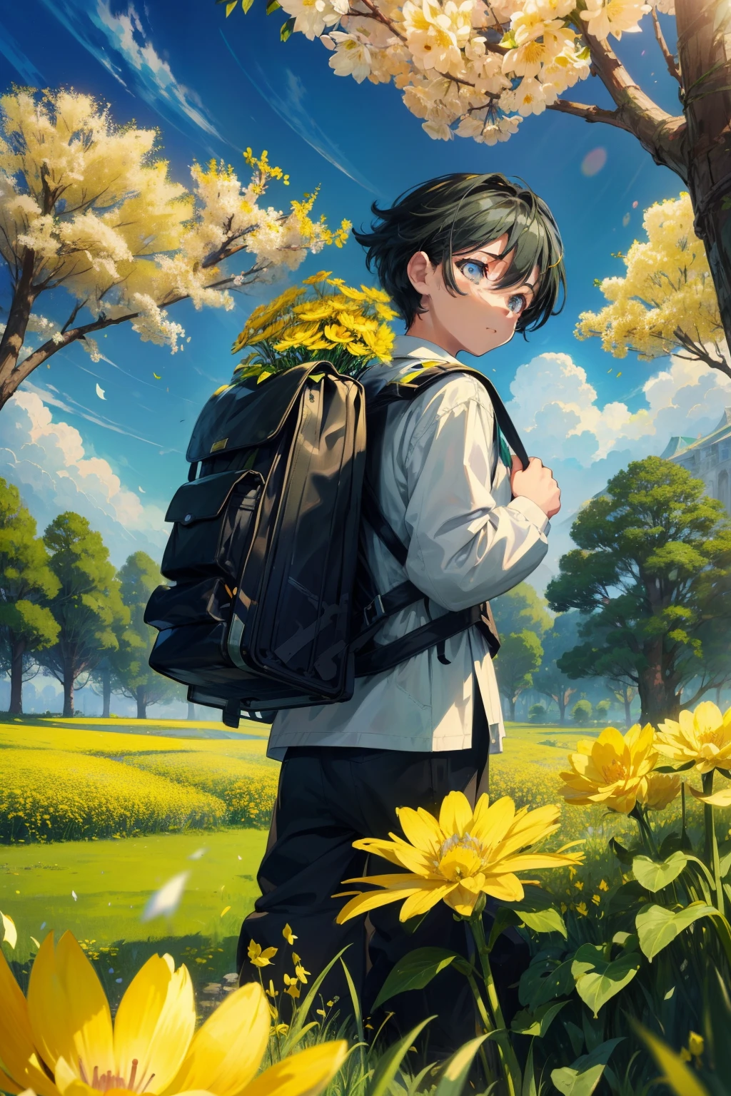 A cute  with a backpack on his back，Enjoy a lovely spring excursion surrounded by beautiful yellow flowers and nature。The illustration is a high-definition illustration in 4K resolution，featuring highly detailed facial features and cartoon-style visuals。