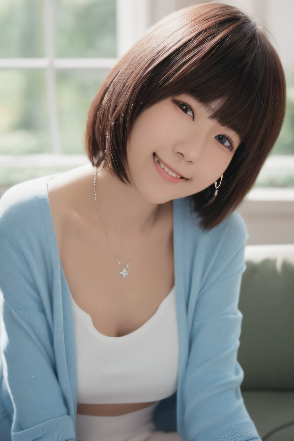 Smiling minchen, ridiculous, closed mouth, balanced eyes, (Best Quality Detail: 1.2), Realistic, 8K HD, Ultra Detailed, High Quality Texture, Complex Detail, Detailed Texture, Fine Detail, High Detail, Very Detailed CG, High Quality Shadows, Delicate Beautiful Delicate Face, (Delicate Beautiful Delicate Eyes: 1.32), Depth of Field, Ray Tracing, (A Beautiful 25-Year-Old Cute Japanese Lady: 1), Small Breasts, Tall Feminine, Beautiful Legs, Glowing Eyes, Blush, Perfect Petite, Scrawny, Blurred Outdoor Background, Silver Tight Bra, Blue Taste Denim Jacket, Cardigan Coat: 1.1, [Brown skirt]: 1, stockings and suspenders: 1.2, short hair, comfortable living room, sunshine, kneeling on sofa, earrings, necklace, model, looking at the audience, dynamic pose, earrings, necklace, model, looking at the audience, from the side, dynamic pose, front