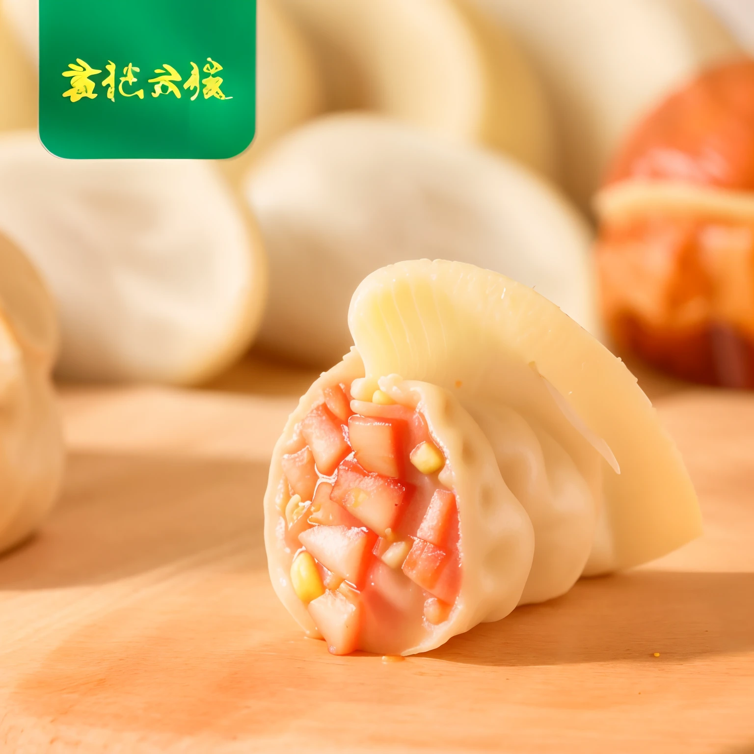 There is a close-up of a dumpling,Cut one of the pieces in half, Mellow, Cut the surface to show the filling,Celery pork mix,More celery leaks out,Yuan Ji Yun dumplings。