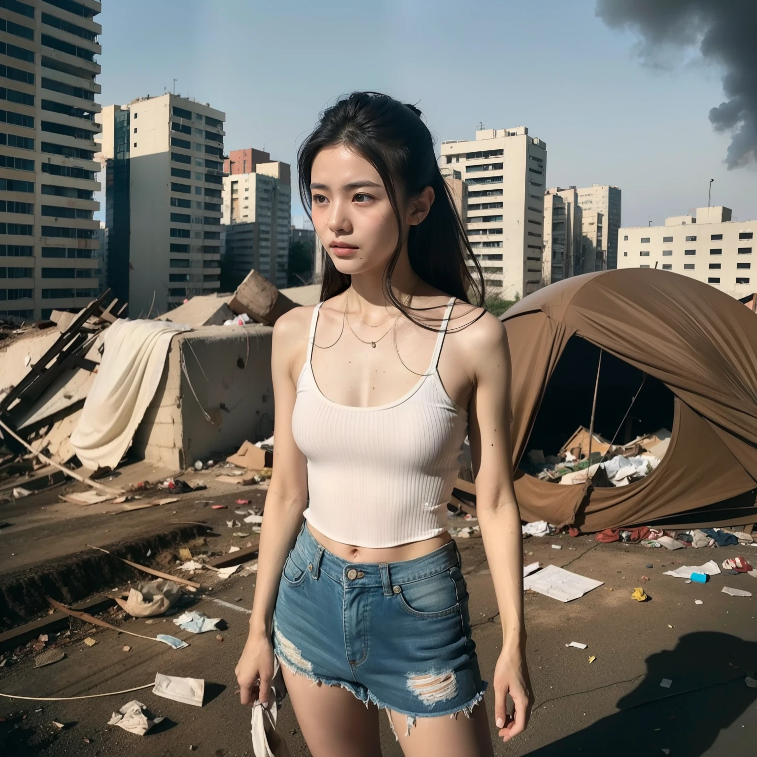 (8K分辨率,Photo of the seat),(1womanl,20yr old,((Face with thin bones,Vicissitudes of face,Face with stains,详细的脸)),(Messy long hair),(Pitch-black eyes,Looking for food),Rough skin with stains,(The skin is covered with dust and dirt),Barren and sagging breasts,(T-shirt with no sleeves torn,(torn outfit,The clothes are stained,No corsets,Randomly broken nudity),(Worn-out shorts),(A thin body),Handguards for broken strips of cloth,bonny body,(Leaning in the garbage,Rummaging through the food),perfect hand,Ultra-fine clothing material),((Ruins after the war,Remains Cliff,(Black smoke wafted in the sky),(Walls full of bullet craters)),Brutal civilian survival,Garbage everywhere,Exquisite environmental details)),(Professional lighting,动态照明),((The color is uniform,(white colors,brown pubic fur,black in color,greys))),(Golden section,War movie footage,Hasselblad photograp,tmasterpiece:1.3),(End-time survival,Brutal war survival,Artis,Art platform)