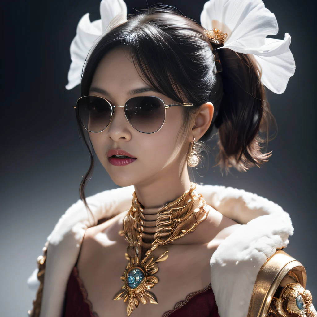 Wear ivory rimless sunglasses,32K(tmasterpiece,k hd,hyper HD,32K)Burgundy double ponytail,Glass canopy area,Indigo Skull King ,Hold the big G steering wheel (The skeleton is realistic:1.4),Python pattern robe,Silver skull flower ornaments,golden cape,Petals flutter,Colored ball head,Hold your head high,Be proud,The nostrils look at people, A high resolution, the detail, RAW photogr, Sharp Re, Nikon D850 Film Stock Photo by Jefferies Lee 4 Kodak Portra 400 Camera F1.6 shots, Rich colors, ultra-realistic vivid textures, Dramatic lighting, Unreal Engine Art Station Trend, cinestir 800,Hold your head high,Be proud,The nostrils look at people,Tsundere,Petals flutter,Petals flutter,Sprinkle with gold dust,Fluttering,Impeccable,( reasonable design, Clear lines, High sharpness,Best quality, Very detailed skeleton, The skeleton of a masterpiece, offcial art, movie light effect, 4K skeleton(((Wear ivory rimless sunglasses)))