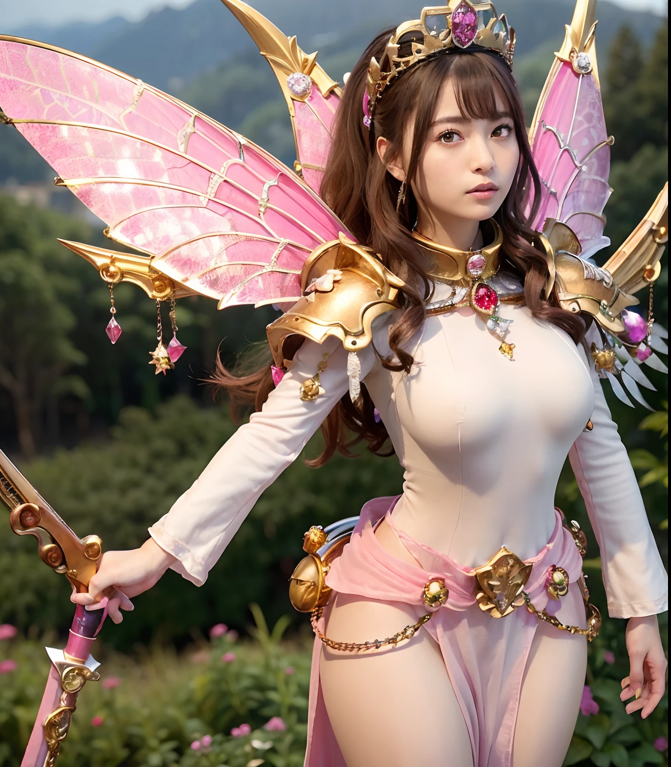 (masutepiece), Professional , ​masterpiece、top-quality、photos realistic , depth of fields （Gemstone White Metal Body:1.９),(Matte White Pink、Jewel Gold Weapon、（Gorgeous castle background）、（ultimate beauty girl）、（Rainbow fairy wings grow）、Particles of light、（Metal body of iridescent gemstones:1.９),Gorgeous Jewel Metal Weapons ,（maikurobikini）、 Detailed Sword of the Brave ,（ Pink hair）   ,warhammer 40k , adepta sororitas,Detail and ornate jewel crown、独奏、Brown hair、Mystical expression、cleavage of the breast、（Gangle's forest background）、Beautiful Caucasian beauty、１a person、dynamic ungle,(((Diamond tiara with detail and luxury)))、a small face、Powerful poses、（Gorgeous castle background）、huge filesize、20 year old beautiful woman、Stand in the center of the screen、Thin female fingers、Straight long hair、Beautiful Caucasian beauty、（maikurobikini）、Hair fluttering in the wind、face forwards、Look at viewers、（Armpit）、Armpit、