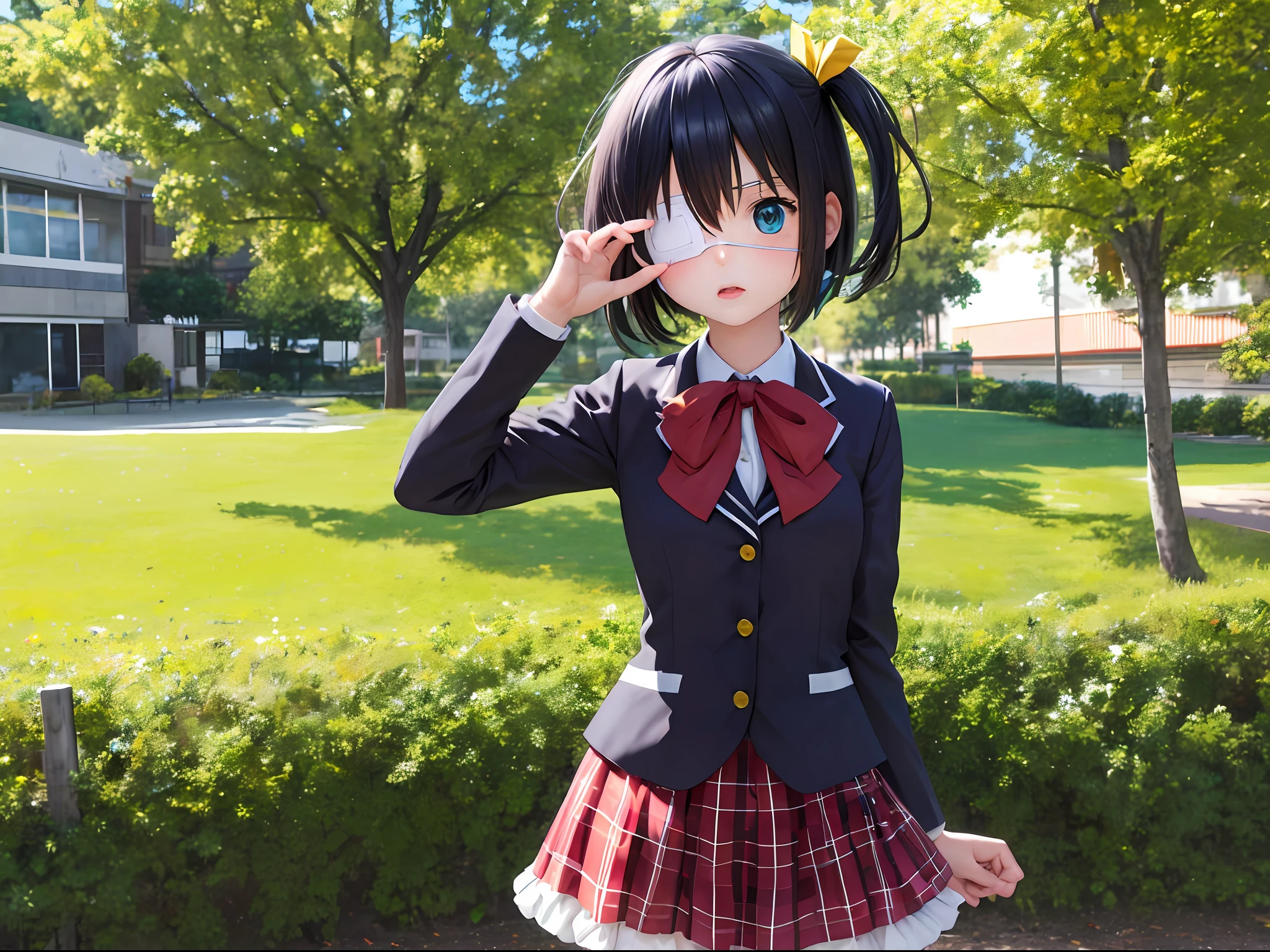 (masterpiece, best quality:1.2), cowboy shot, solo, 1girl, takanashi rikka, expressionless, looking at viewer, arms behind back, one side up, ahoge, blue eyes, medical eyepatch, school uniform, jacket, plaid skirt