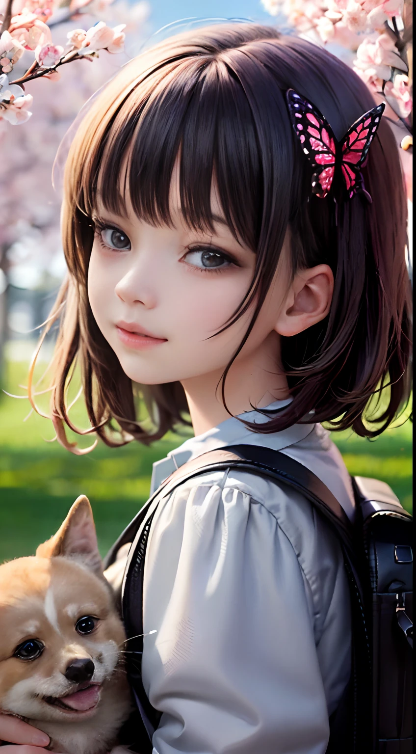 An incredibly charming little girl carrying a backpack, playing with her adorable puppy, enjoying a beautiful spring walk in the park, gorgeous pink flowers and natural landscapes. The illustration is in high definition in 4k resolution, with highly detailed facial features and cartoon-style visuals, (Butterfly Dance)
