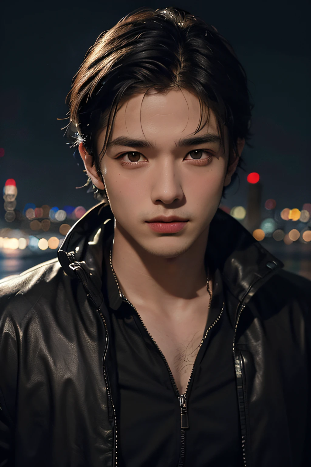 Best quality, masterpiece, ultra high res, (photorealistic:1.4), raw photo, young handsome male, black hair, (night city background:1.2)