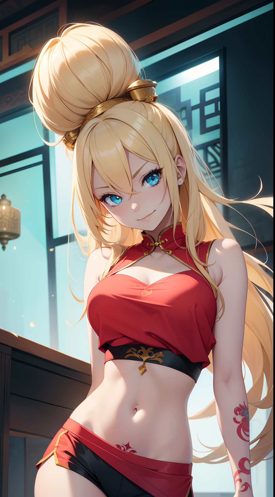young girl, longue blonde hair, Cyan eyes, Tatoo, smirk, Red Chinese Top, Sleeveless, neckline on the chest, open breasts, Gold Elements, Shorts, tmasterpiece, hiquality