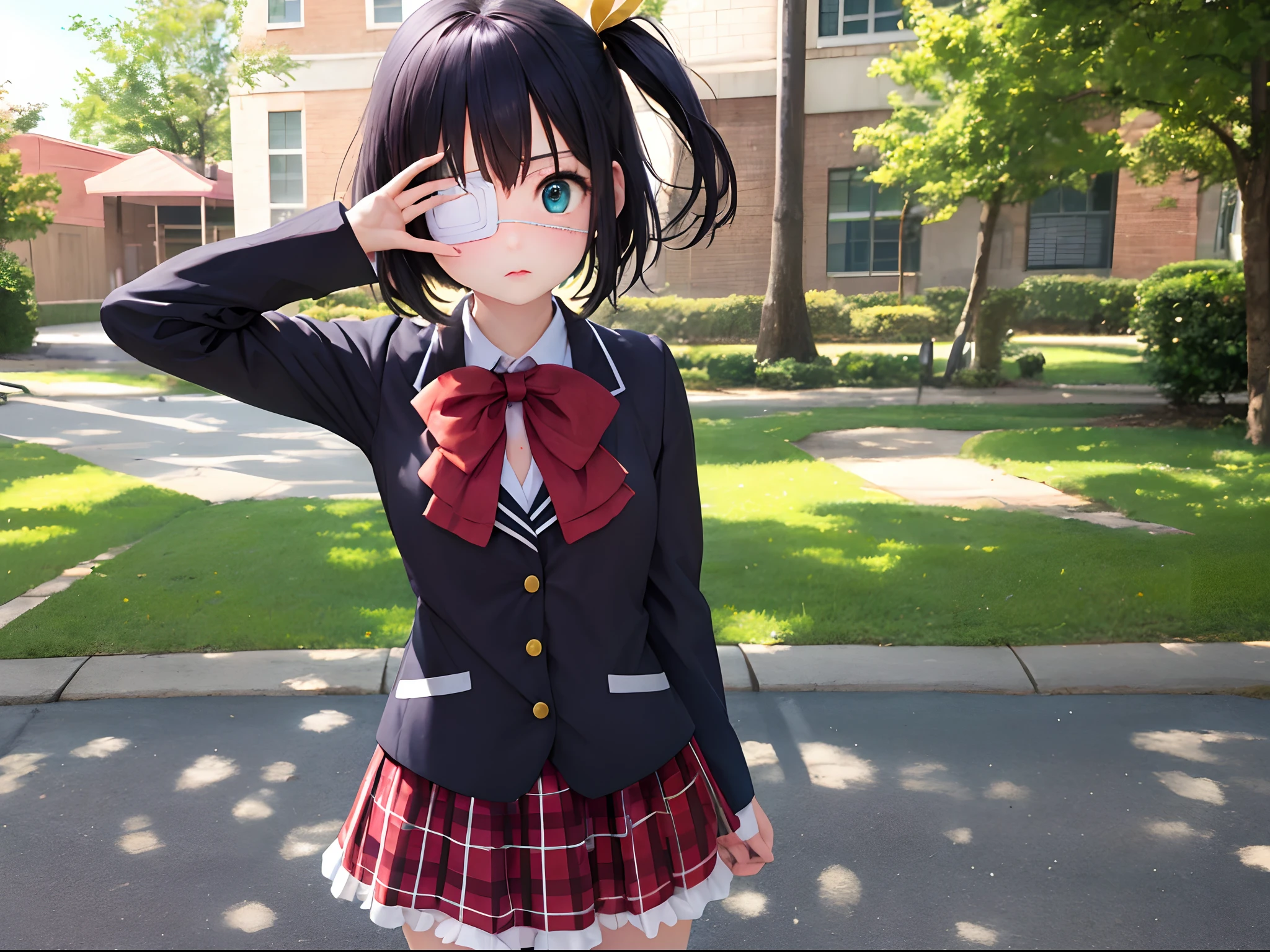 (masterpiece, best quality:1.2), cowboy shot, solo, 1girl, takanashi rikka, expressionless, looking at viewer, arms behind back, one side up, ahoge, blue eyes, medical eyepatch, school uniform, jacket, plaid skirt