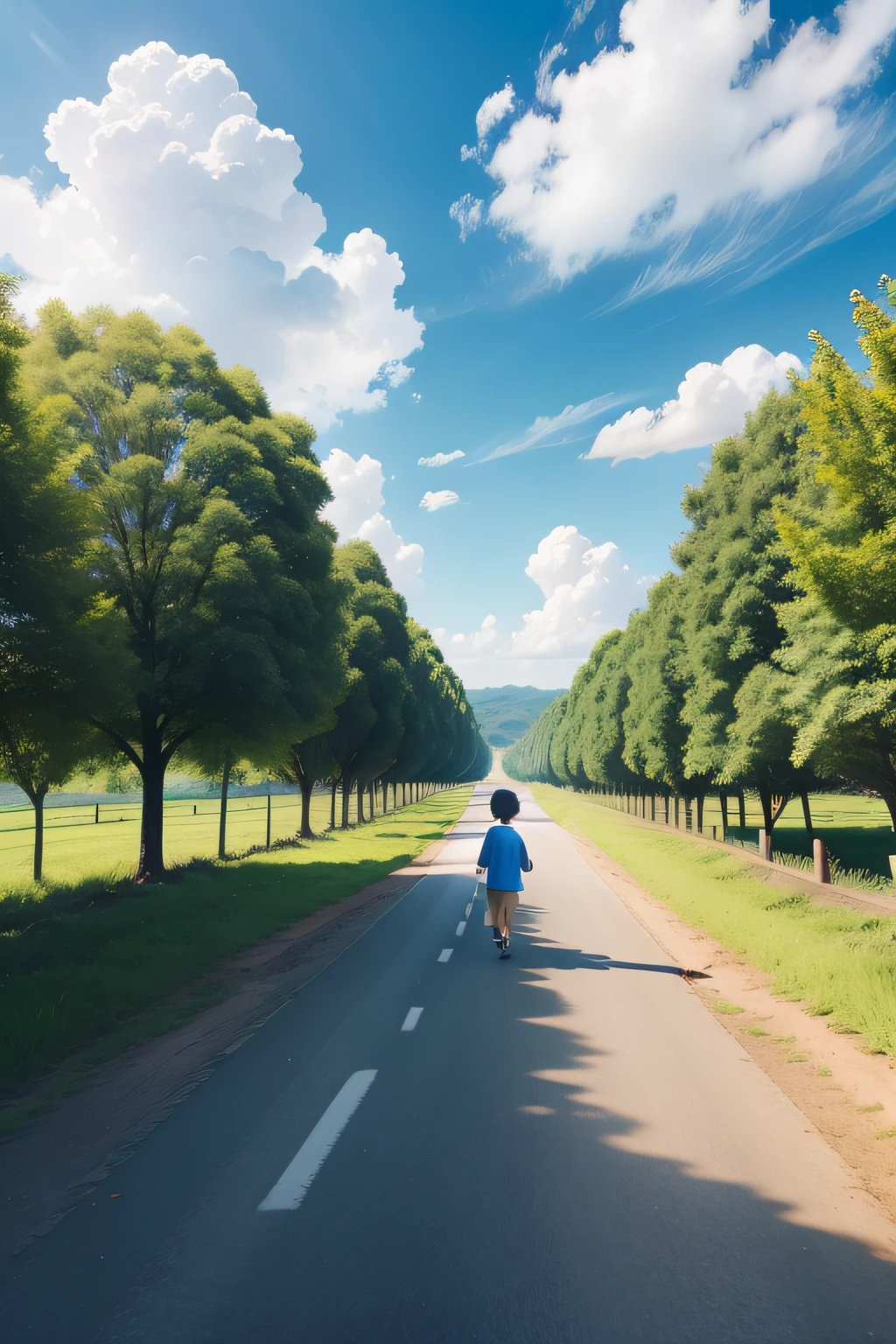 A kid walking on the road of countryside, beside the road are trees, vegetable and flowers. Bright blue sky and white cloud.
