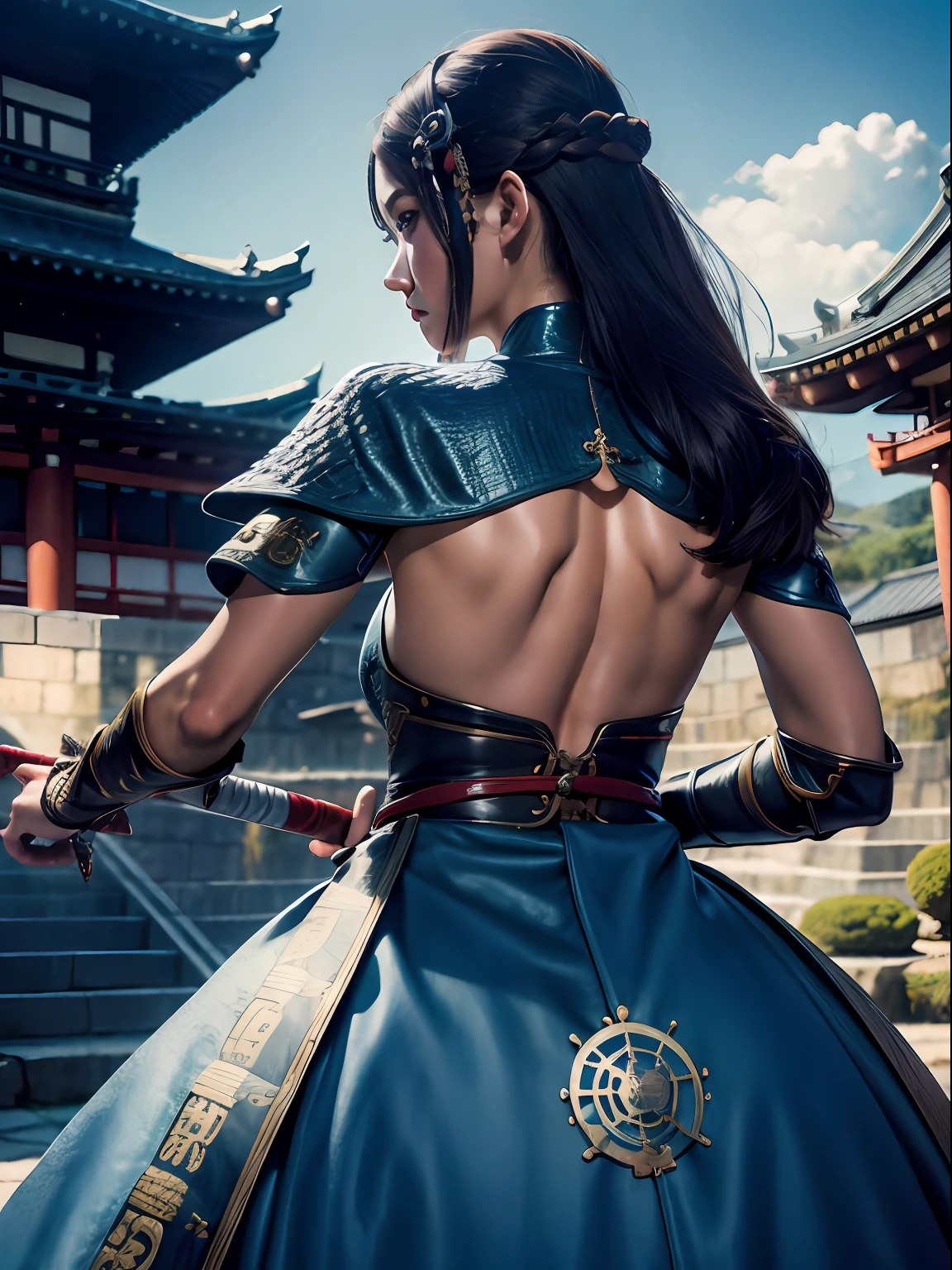 Split abs, large full breasts, Best Quality, masutepiece, 超A high resolution, (Photorealistic:1.4), arma, Detailed face, One Girl With Her Back Turned, Sword weapons, cleavage, (Magic Circle:1.2), Beautiful girl with her back turned, Full body, Japan castle town of the Edo period, Townscape of the Edo period, Samurai, Japan, Fantasy, High quality, ultra detailed in 4k, 8K, High resolution, fantasy coverart style, medieval times, Sharp Focus, depth of fields.
