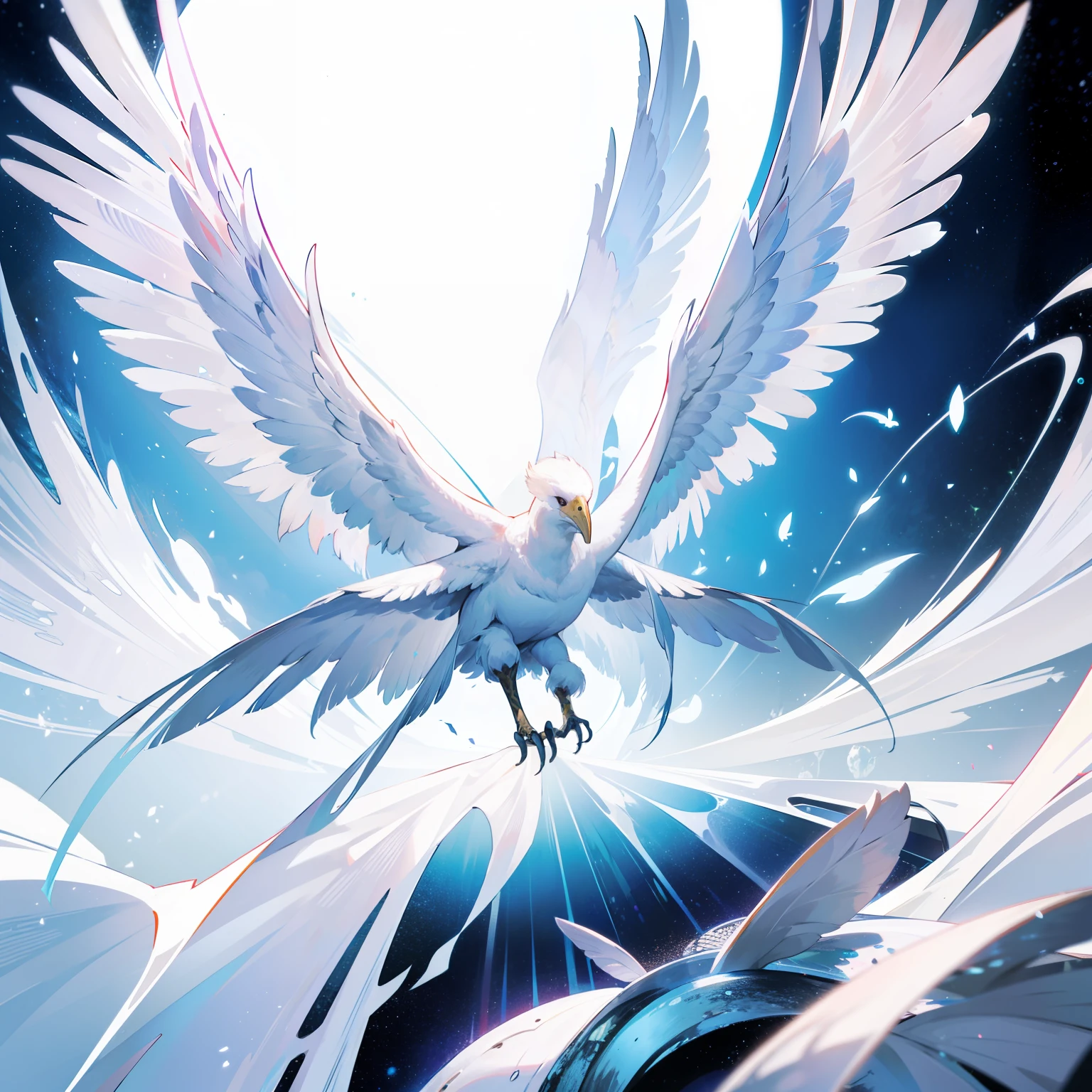 A white cloaked textured life form resembling a large bird with outstretched wings,It is an alien life form known as immortal as a bird,Has the ability to transcend time and space