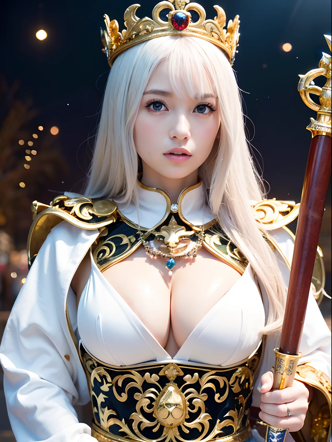 (masutepiece), Professional , ​masterpiece、top-quality、photos realistic , depth of fields （Gemstone White Metal Body:1.９),(Matte White、Jewel Gold Weapon（Jewel Metal Body:1.４),Gorgeous metal weapons ,（（ Detailed and gorgeous sword of the brave）） , Beautiful knife   ,warhammer 40k , adepta sororitas,Detail and ornate jewel crown、（（Micro Bikini Armor））、（（Gangle's forest background））、Beautiful Caucasian beauty、１a person、dynamic ungle,(((Detailed and ornate diamond crown)))、Smaller head、A smile、Background inside the castle、Thin and beautiful female hands、cleavage of the breast、Soldier in iron armor on background、Mystical expression、Light Effects、intense fighting、Wind-effect、magic circles、With the legendary magic wand、（wings of light）、Toostock、Toostock、