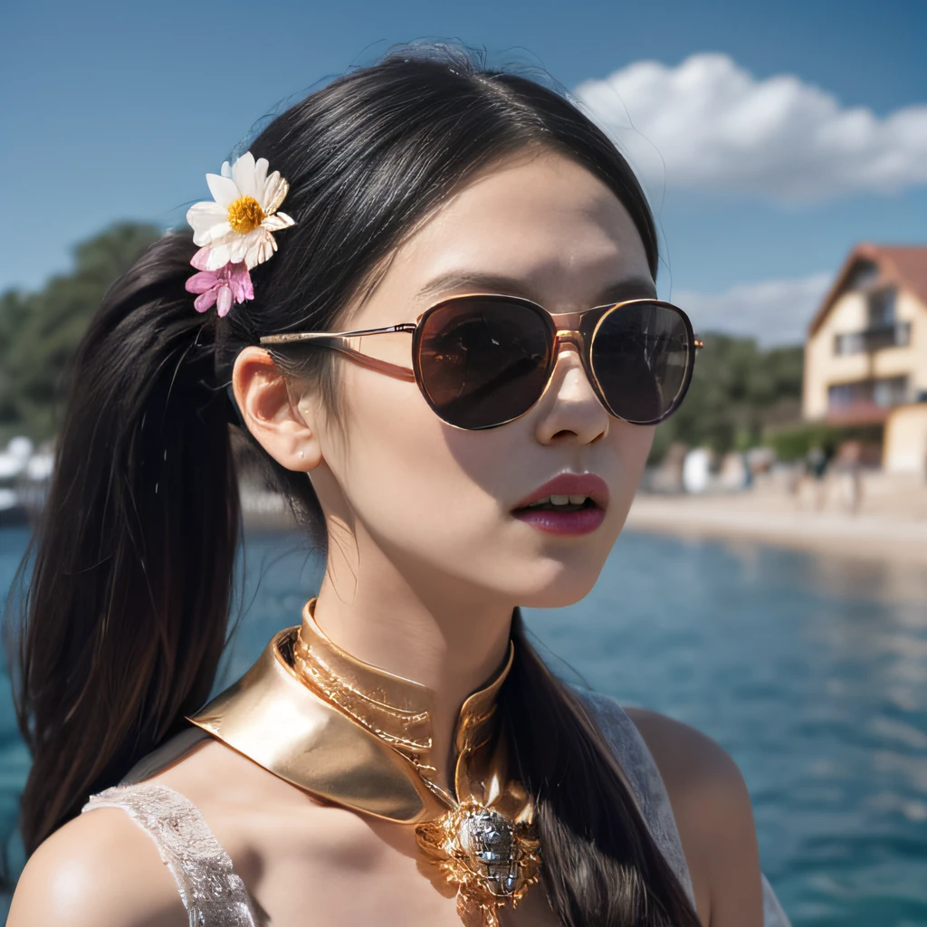 Wear ivory rimless sunglasses,32K(tmasterpiece,k hd,hyper HD,32K)Burgundy double ponytail,Glass canopy area,Indigo Skull King ,Hold the big G steering wheel (The skeleton is realistic:1.4),Python pattern robe,Silver skull flower ornaments,golden cape,Petals flutter,Colored ball head,Hold your head high,Be proud,The nostrils look at people, A high resolution, the detail, RAW photogr, Sharp Re, Nikon D850 Film Stock Photo by Jefferies Lee 4 Kodak Portra 400 Camera F1.6 shots, Rich colors, ultra-realistic vivid textures, Dramatic lighting, Unreal Engine Art Station Trend, cinestir 800,Hold your head high,Be proud,The nostrils look at people,Tsundere,Petals flutter,Petals flutter,Sprinkle with gold dust,Fluttering,Impeccable,( reasonable design, Clear lines, High sharpness,Best quality, Very detailed skeleton, The skeleton of a masterpiece, offcial art, movie light effect, 4K skeleton(((Wear ivory rimless sunglasses)))