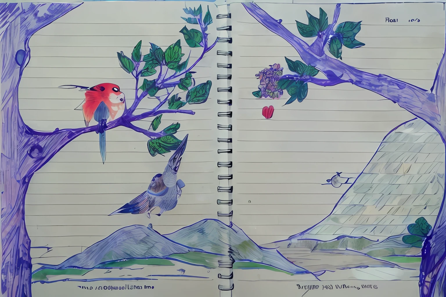 drawing of a bird sitting on a tree branch next to a notebook, from nature journal, nature journal, diagram nature sketchbook, found doodled in a sketchbook, inspired by Hiroshige, on a notebook page, inspired by Uragami Gyokudō, coloured with lots of colour, inspired by Naoko Takeuchi, background art, birds and trees