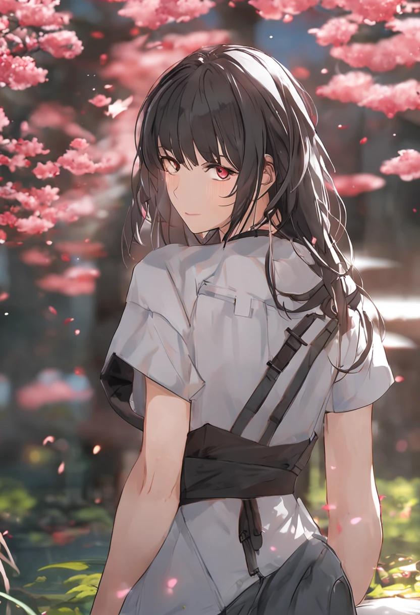 Plain white background,masterpiece,best quality,highres,ultra high res,normal body shape,anime,1 female,close up,indifferent,arms behind back,school uniform,pleated skirt,pantyhose,high ponytail,long black hair,details eyes,details lips,huge breasts,slim waist,medium thighs,high heels