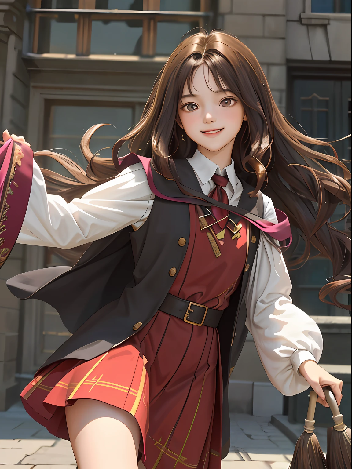 ((masterpiece:1.2), (best quality:1.2), looking at viewer, bare and fair skin,Wizarding world, shimmer reflected on hair, long hair fluttering in the wind, (wavy shoulder length hair), hair middle part, energetic , smily, happy , 15 year old eauropen girl, dark brunette hair, Brown eyes, victorian simple dress, gryffindor, red color, active young girl carry a broom.