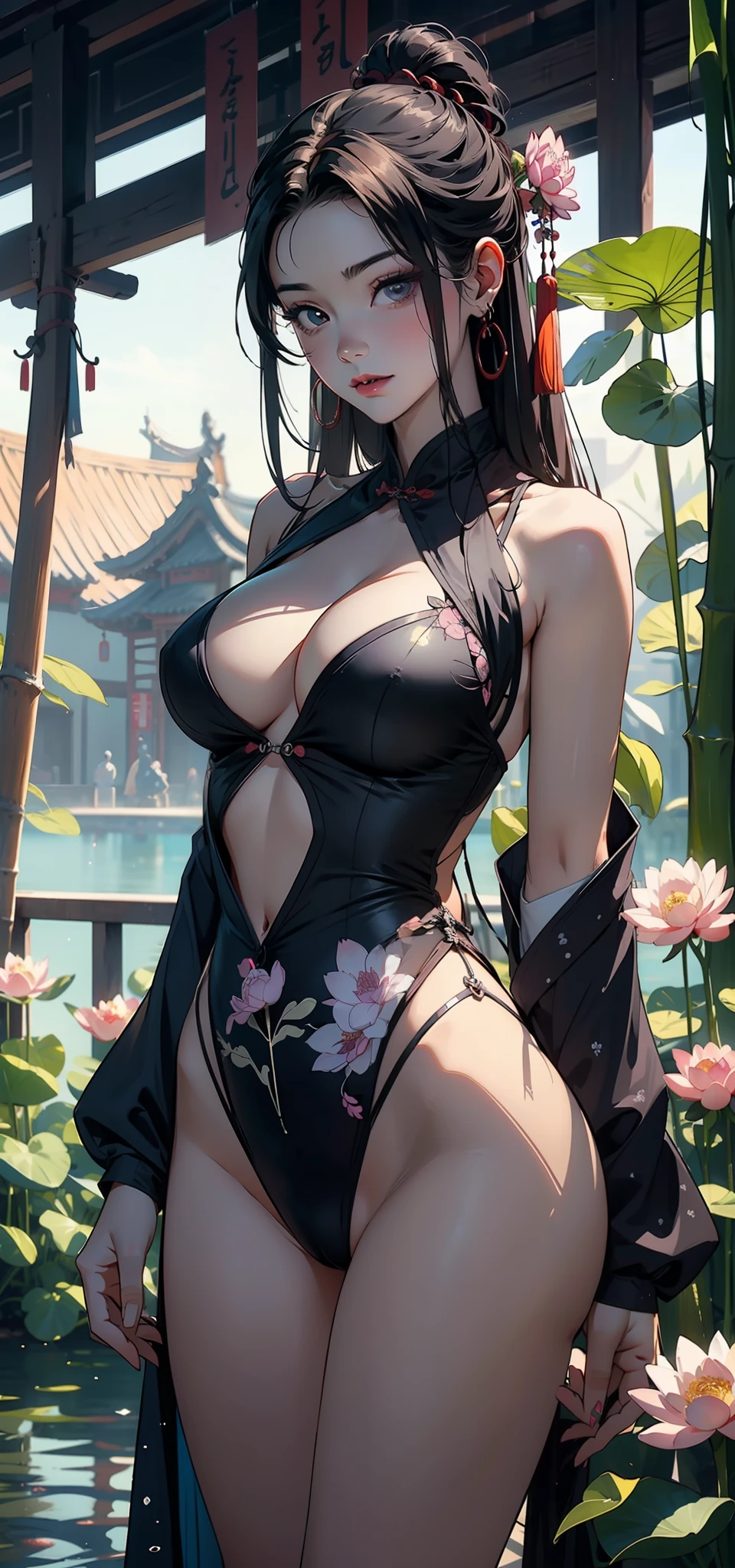 chinese paintings,Gongbi drawing style,ink,legends,Purple background,deep Purple,Dark tones,Pink big breasts,lotuses,foreground,lotus flower,Green bamboo vista,(snow landscape),((Ancient Chinese red transparent Hanfu beauty standing in a sea of flowers smiling)),Melon seed face,Willow eyebrows,Cherry small mouth,(Black eyes),Gentle atmosphere,closeup cleavage,Perfect facial features,(The hair is meticulously depicted),(The face is carefully depicted),Works of masters,(The flowers are carefully depicted),super-fine,high qulity,A high resolution,The composition is perfect,((tmasterpiece))Bigchest,Big breasts Thin waist,long leges,Buttock augmentation,Raised sexy,,Naked ,Bare breasts,nakeness,Protruding genitals,Camel toes