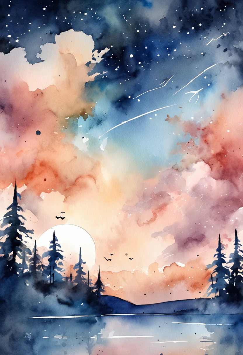 ((In watercolor style)),Flat anime lines,Starry sky at night,clouds,meteors,Leave a lot of white space,blue tint,Background image。