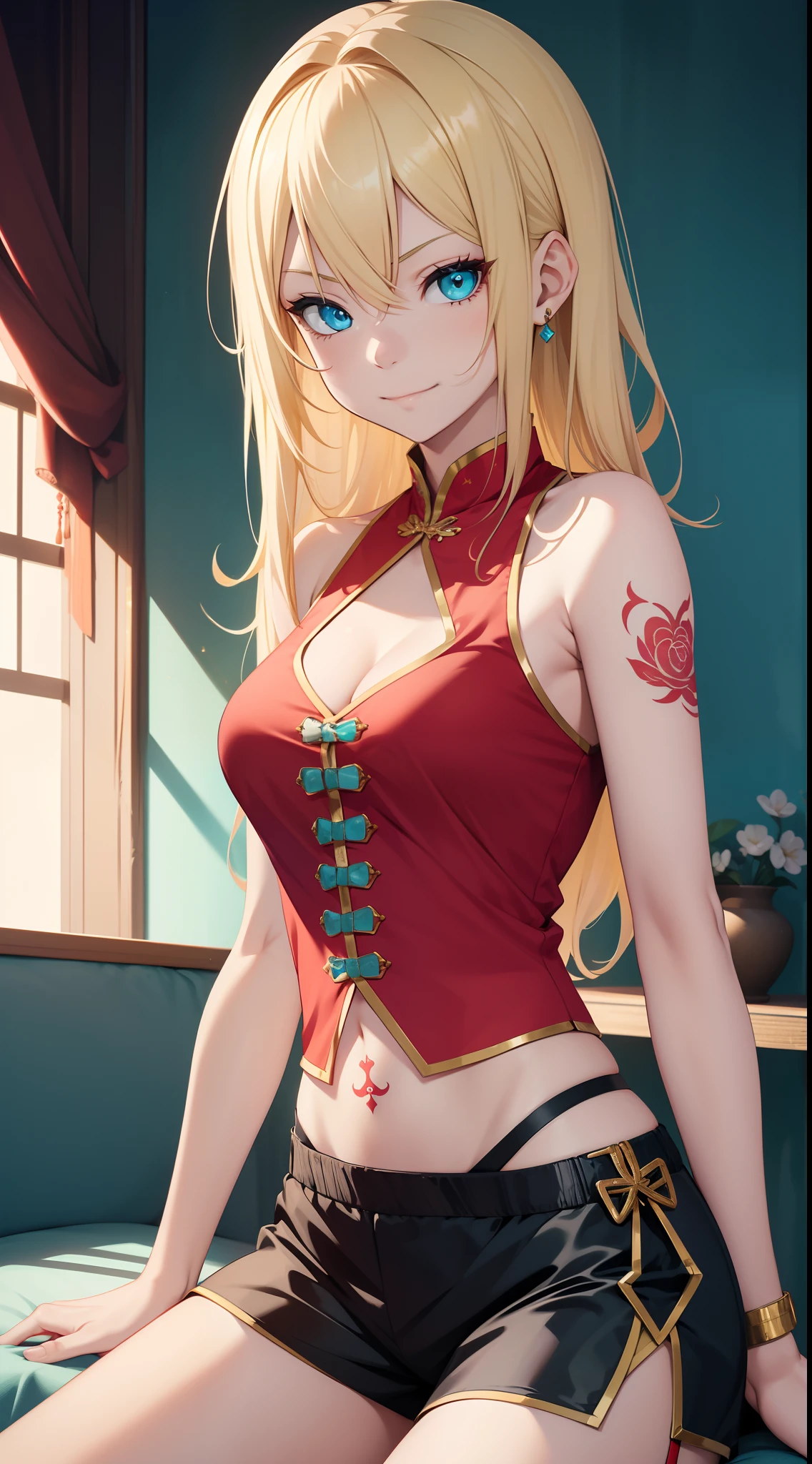young girl, longue blonde hair, Cyan eyes, Tatoo, smirk, Red Chinese Top, Sleeveless, neckline on the chest, open breasts, Gold Elements, Shorts, tmasterpiece, hiquality