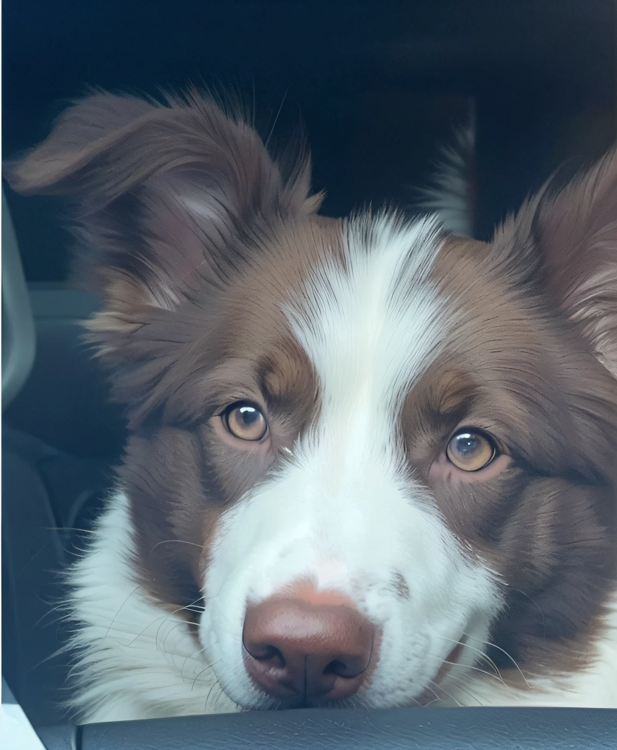 There was a brown and white dog sitting in the car, border collie, medium close up shot, with cute doting eyes, closeup headshot, closeup cleavage!!!!!!, Bright and affectionate eyes, aussie, closeup headshot, soulful eyes, bright glowing eyes, gorgeous features, cute and friendly eyes, very glowing eyes, mid closeup, very silly looking, extra detail