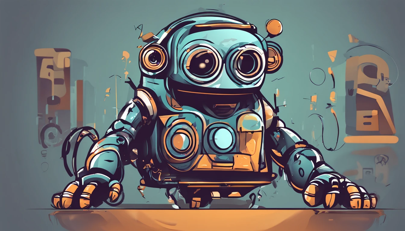 Create a logo depicting a fat monkey in the style of a robot, wearing glasses, for digital channel. The logo should be in bright, high-resolution colors. Make sure, that the monkey has the appearance of a programmer, a jej postura jest pulchna. In your project, focus on combining monkey elements with robot-like features, so that a unique and recognizable composition is created.