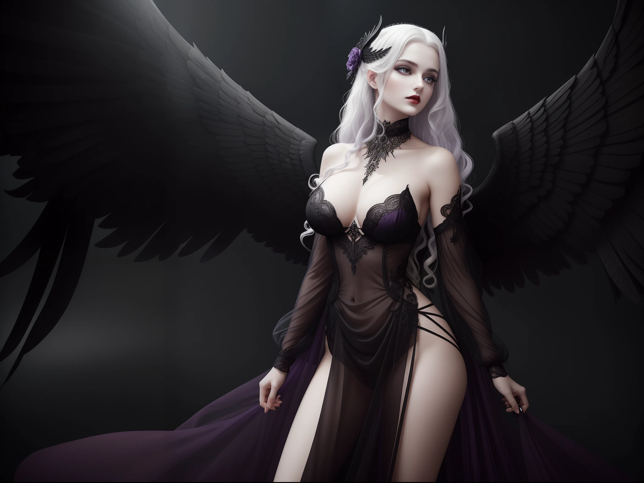 "Macaria". Not safe for work. Realistic photo. Waist up photo. Macaria. Divine personification of silent death. Mythological character represented as a beautiful black angel with the appearance of a woman. Black wings on her back. Red painted lips. Long curly white hair. Pale skin. Big bust. She wears soft black gauze with transparencies that intertwine on her body. She finds herself in a dark misty landscape in shades of purple... ((masterpiece)). Professional photography, ultra-sharp focus. RAW analog photography, 80mm f2.8 lens, best quality, ultra detailed, 64k, intricate detail, minute detail, detail rendering, lifelike detail. Detailed hands, perfect eyes, detailed face, natural pose.