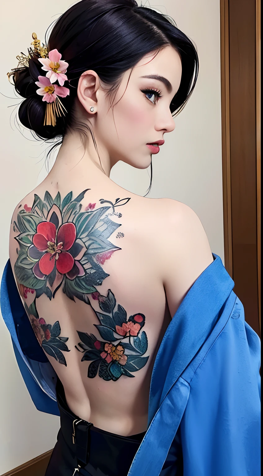 (masterpiece, top quality, best quality, official art, beautiful and aesthetic:1.2),1girl, tattoo, solo, japanese clothes,  hair ornament, unsheathing, black hair, sheath, back tattoo, blue eyes,  off shoulder, bare shoulders, looking back, from behind, flower, looking at viewer,  holding, makeup,
indoor,