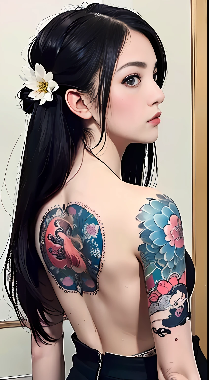 (masterpiece, top quality, best quality, official art, beautiful and aesthetic:1.2),1girl, tattoo, solo, japanese clothes,  hair ornament, unsheathing, black hair, sheath, back tattoo, blue eyes,  off shoulder, bare shoulders, looking back, from behind, flower, looking at viewer,  holding, makeup,
indoor,