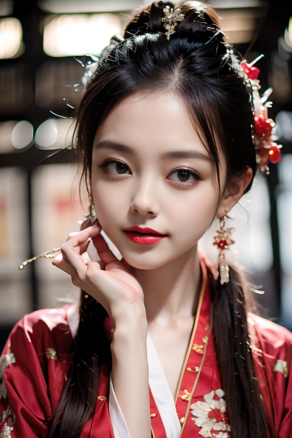 (Ultra-realistic 8k CG:1.2),Perfect artwork,delicate patterns,Complicated details,(Unbeatable masterpiece,Best quality at best:1.2),(extremly intricate:1.2),A woman in a red and gold dress,Phoenix crown,hair stick,(sitting on red bed),cosmetics,Be red in the face,is shy,black_hair,looking-down,cosmetics,(forehead dot),(2 red candles),chinese_clothes,窗帘,耳Nipple Ring,hair_ornament,Hanfu,inside in room, jewely,rednails,long_sleeves,reddress,Redlip,nipple tassels,(Red quilt),(red palace:1.2),(Chinese Ancient Architecture),(rot:1.8),natta,perfect hand