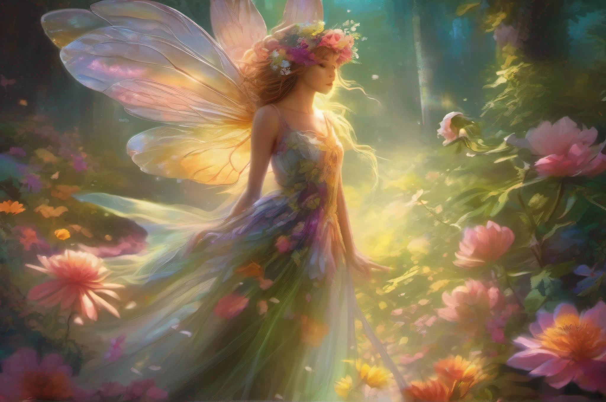 "A stunning and ethereal depiction of a mesmerizing Flower Fairy in a fantasy realm. The fairy has delicate wings and is adorned in vibrant floral attire, radiating an otherworldly glow. The scene is filled with a lush garden of blooming flowers, with beams of soft sunlight filtering through the foliage. The atmosphere is magical and enchanting, with a sense of tranquility and wonder