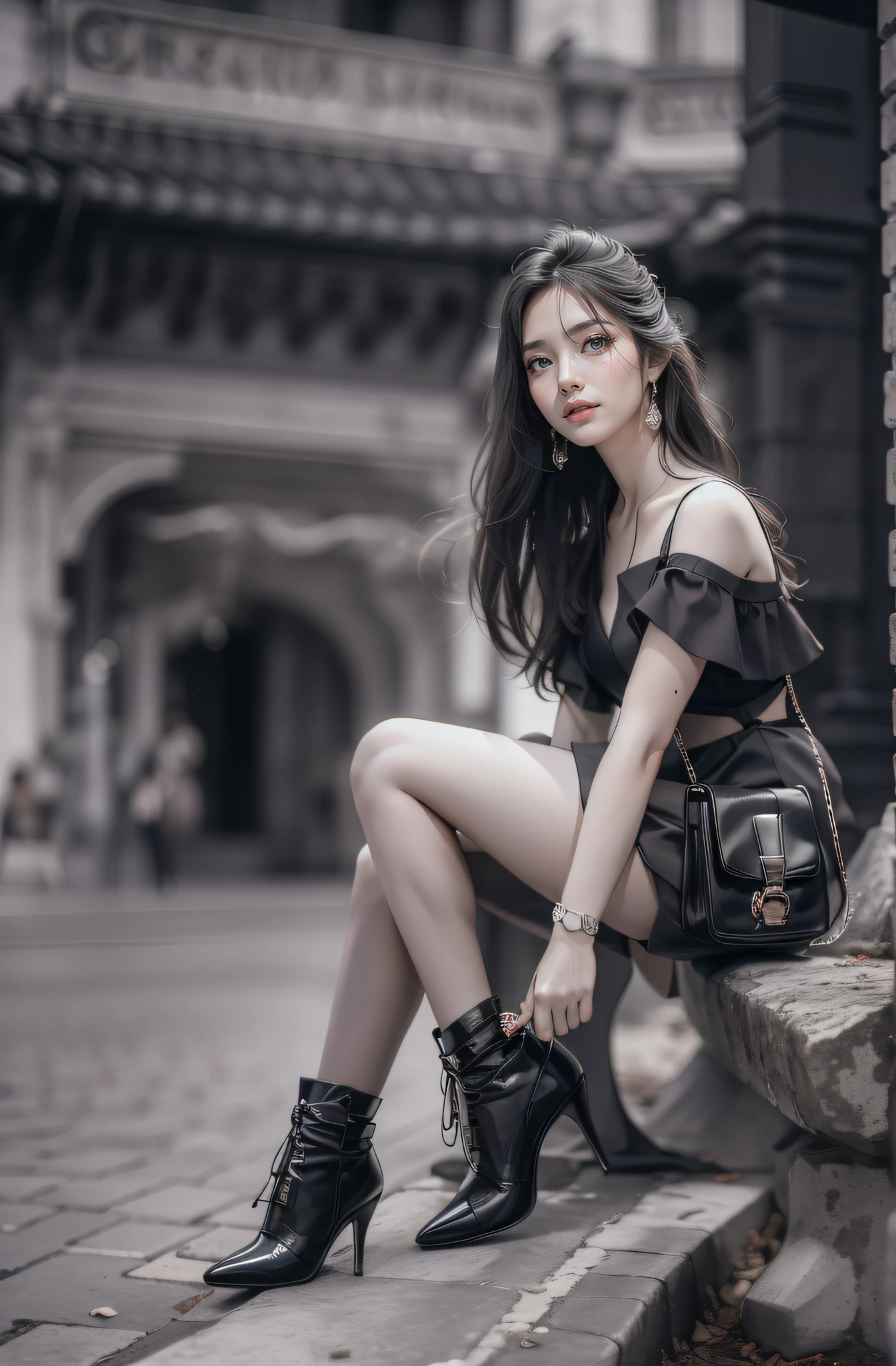 tmasterpiece，best qualtiy，（realisticlying，Photorealistic photos：2.0），8K，An extremely delicate and beautiful Asian woman，Woman posing for photo in black and white dress，A fashion model，Amazing beauty，finely detailled，Full body photo perspective，The body proportions are perfect，Workplace style，Small suit，Narrow skirt，high-heels，The leg line is soft，ssmile，looks into camera，With your right hand, knead the hair behind your ear，Holding a handbag in his left hand。Face line repair，largeeyes，Electric eye，Beauty，