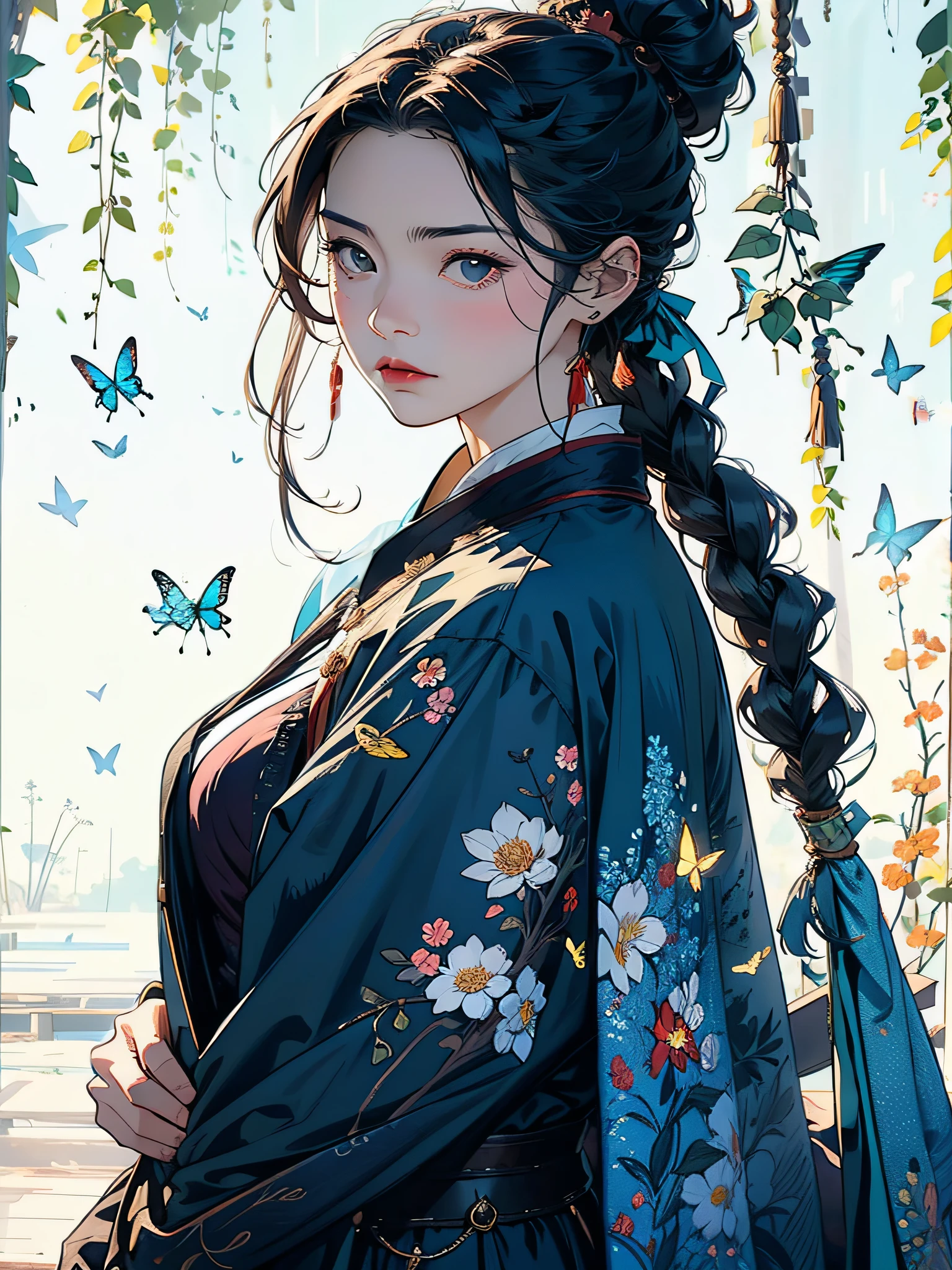 Windswept willow trees in the background,Flowers and butterflies