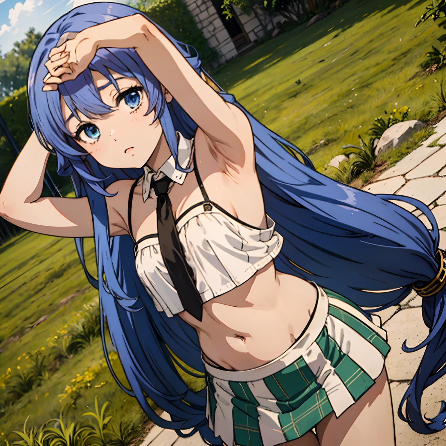 Roxy Migurdia, GIRL, (Masterpiece: 1.1), (Best Quality: 1.1), mircro bikini, (White Bikini: 1.1), (Plaid Skirt: 1.1), mini Skirt, Blake [Green Grass: Pink, :0.5] Themed, (Urban Background: 1.1), Denim Lenses, Blake Silver, Long, Green Eye, Landscape, small chest, short height, , flat chest, small, see-through, cleavage, ((bare shoulder)), exposed, loose shirt, navel, (presenting armpit)
