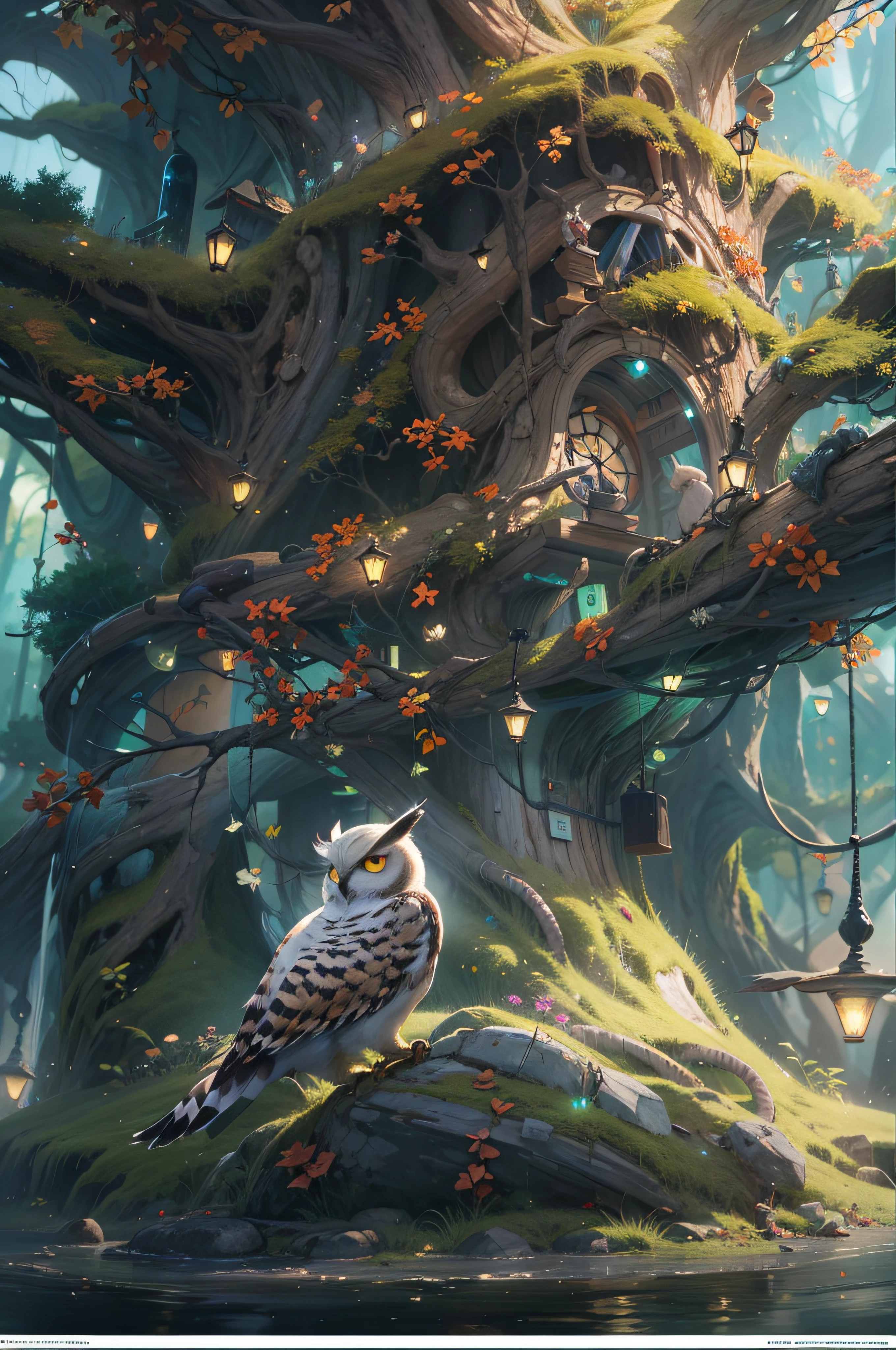 close shot of a mythical owl with colorful feathers, galaxy eyes, shiny feathers, detailed feathers, detailed big eyes, the owl is landing on an alien tree branch , looking at viewers with the eyes of judgement, focus, alien landscape background .BREAK,Detailed,Realistic,4k highly detailed digital art,octane render, bioluminescent, BREAK 8K resolution concept art, realism,by Mappa studios,masterpiece,best quality,official art,illustration,ligne claire,(cool_color),perfect composition,absurdres, fantasy,focused,rule of thirds,