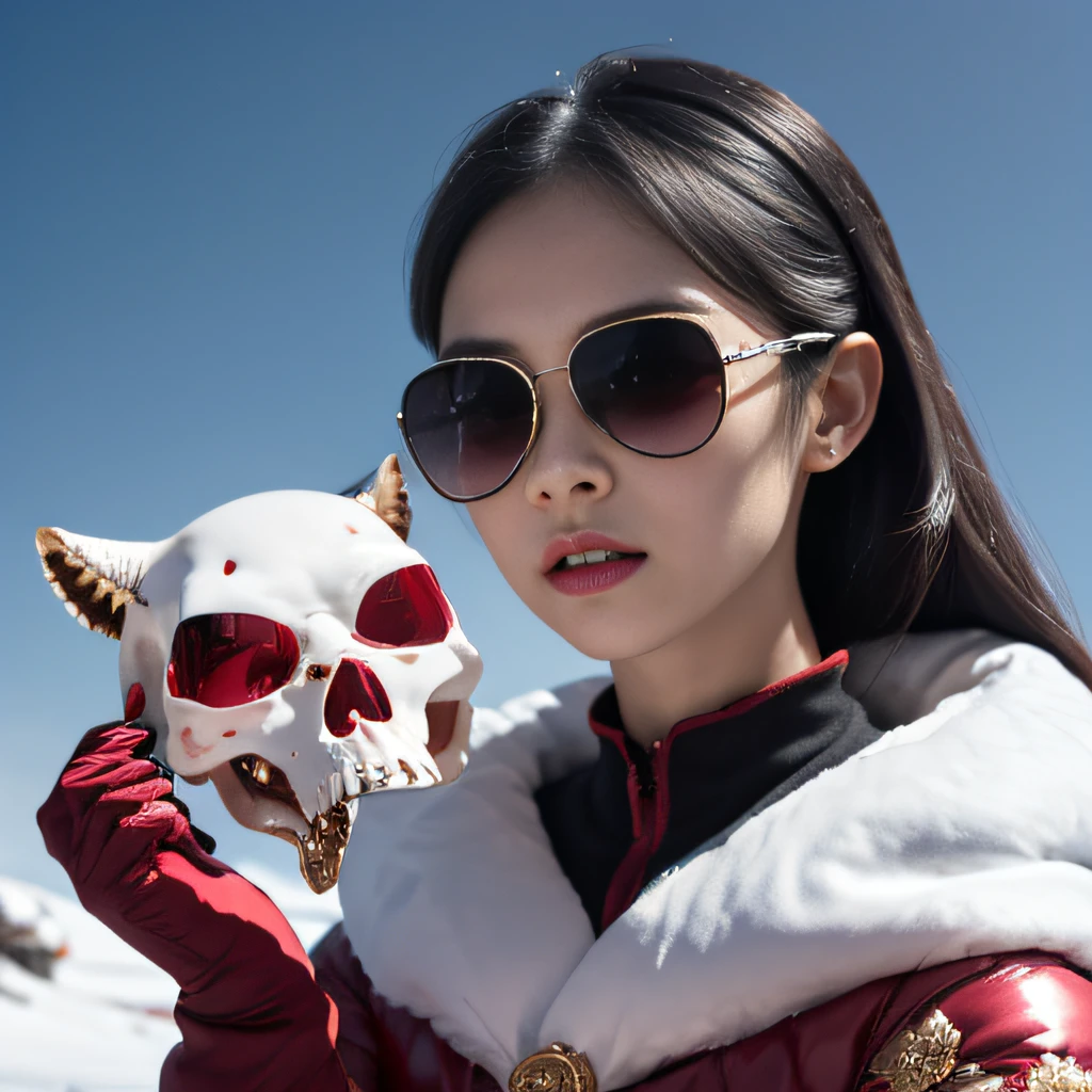 Snow red marble sunglasses,32K(tmasterpiece,k hd,hyper HD,32K)Burgundy double ponytail,Glass canopy area,Indigo Skull King ,Hold the big G steering wheel (The skeleton is realistic:1.4),Python pattern robe,Silver skull flower ornaments,Sargin linen cloak,Petals flutter,Snow red marble sunglasses,Hold your head high,Be proud,The nostrils look at people, A high resolution, the detail, RAW photogr, Sharp Re, Nikon D850 Film Stock Photo by Jefferies Lee 4 Kodak Portra 400 Camera F1.6 shots, Rich colors, ultra-realistic vivid textures, Dramatic lighting, Unreal Engine Art Station Trend, cinestir 800,Hold your head high,Be proud,The nostrils look at people,Tsundere,Petals flutter,Petals flutter,Sprinkle with gold dust,Fluttering,Impeccable,( reasonable design, Clear lines, High sharpness,Best quality, Very detailed skeleton, The skeleton of a masterpiece, offcial art, movie light effect, 4K skeleton(((Snow red marble sunglasses)))Snow red marble sunglasses