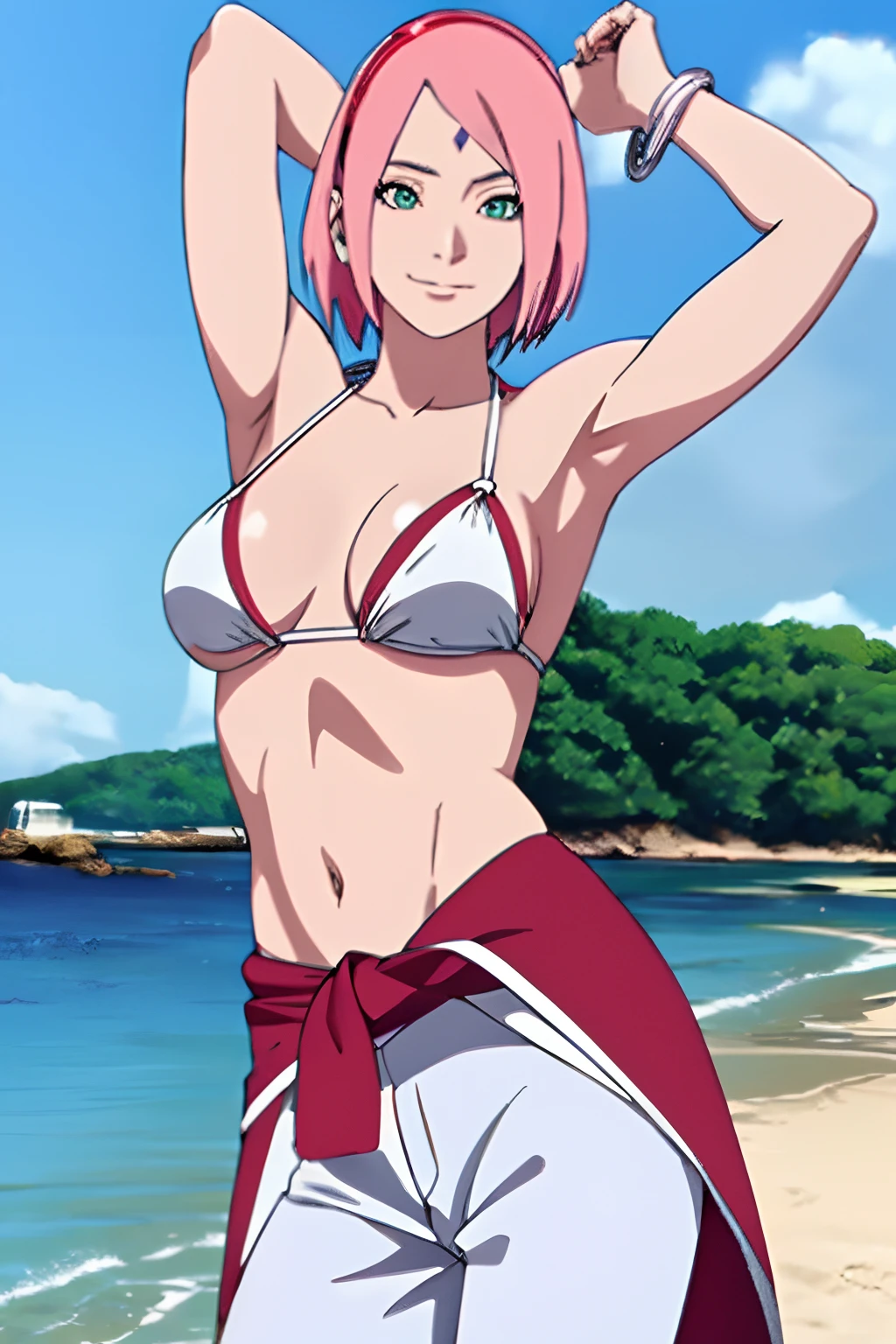 masterpiece, 4k, portrait, cowboy shot, professional artwork, detailed beach background, intricate details, colorful, digital blending, (ultra detailed body, ultra detail hair, ultra detail face), trending on pixiv, kind smile, best quality, anime style: 1.9, 1girl, hires, haruno sakura, (forehead mark, milf, red hairband, pale skin, small breasts, short hair, ((bare neck, white(micro) bikini top, (bikini top only)), (red dress tied around waist), white pants), (navel, belly button, slender body, slender belly, bracelet, pink hair, closed mouth, big eyes), smile, beach, wind, floating hair, detailed arms, off-shoulders, broad shoulders, (slightly muscular arms, slightly strong biceps), (dirty armpits, armpit pocket), standing)