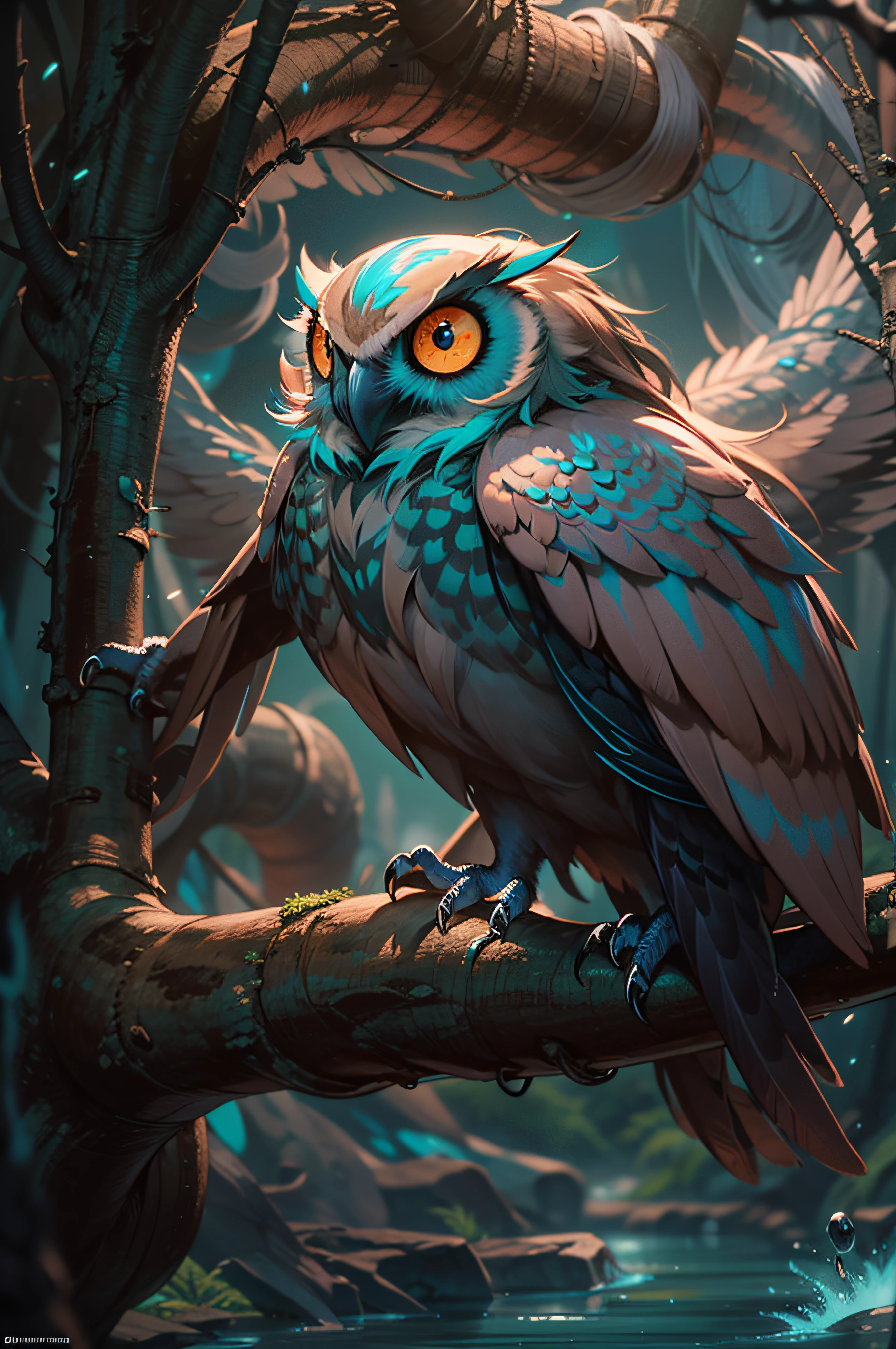 close shot of a mythical owl with colorful feathers, galaxy eyes, shiny feathers, detailed feathers, detailed big eyes, the owl is landing on an alien tree branch , looking at viewers with the eyes of judgement, focus, alien landscape background .BREAK,Detailed,Realistic,4k highly detailed digital art,octane render, bioluminescent, BREAK 8K resolution concept art, realism,by Mappa studios,masterpiece,best quality,official art,illustration,ligne claire,(cool_color),perfect composition,absurdres, fantasy,focused,rule of thirds,