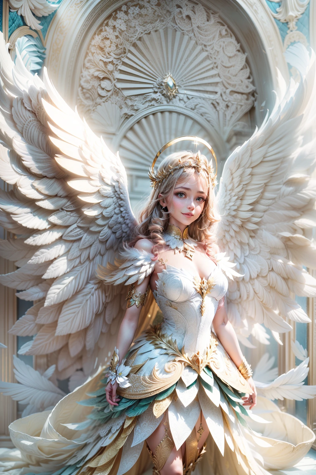 (full body shot of:1.4), White background, (1 Angel Girl,shiny wings, Halo, Exquisite headdress, Smile), (paper art, Quilted paper art, geomerty), (Extremely colorful, Best quality, high detal, Masterpiece, Cinematic lighting, 4K, Chiaroscuro)