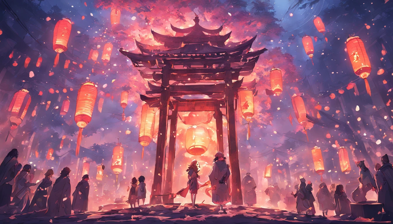 Beautiful night view poster, Ultra-realistic details of Kong Ming lanterns, arcane art style, Inspired by:《Unknown crew》, Ultra-vivid intense McBeth, inspired by Tim Biskup, Digital illustration, Justin Gerard, Pastel colors, light particules, Best quality, vibrant